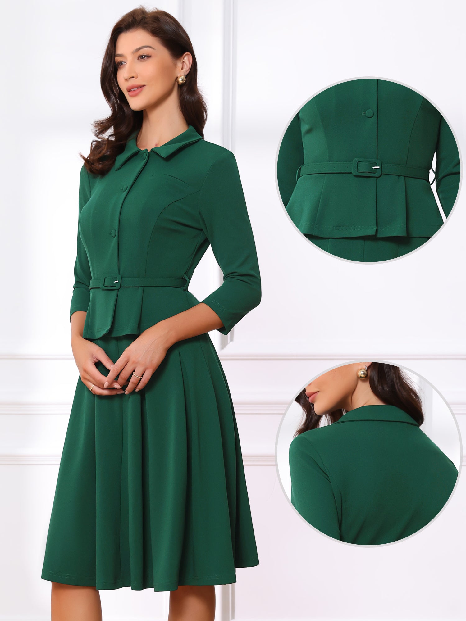 2 Piece 3/4 Sleeve Cropped Belted Blazer and Pleated Skirt Business Suit Sets