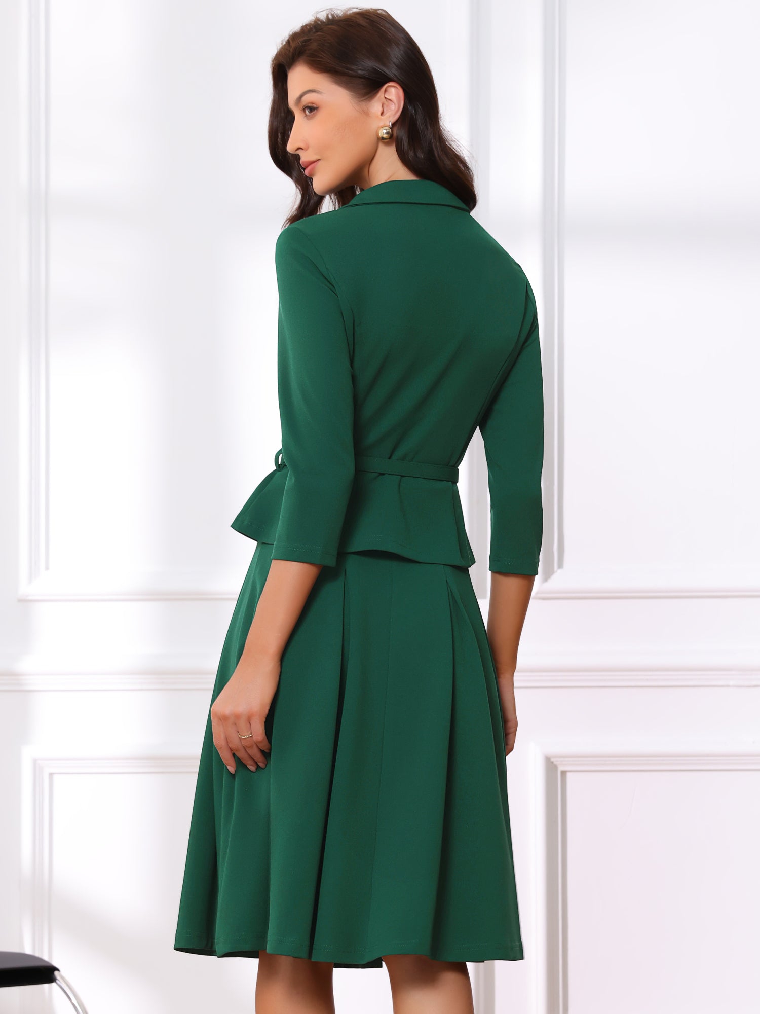 2 Piece 3/4 Sleeve Cropped Belted Blazer and Pleated Skirt Business Suit Sets