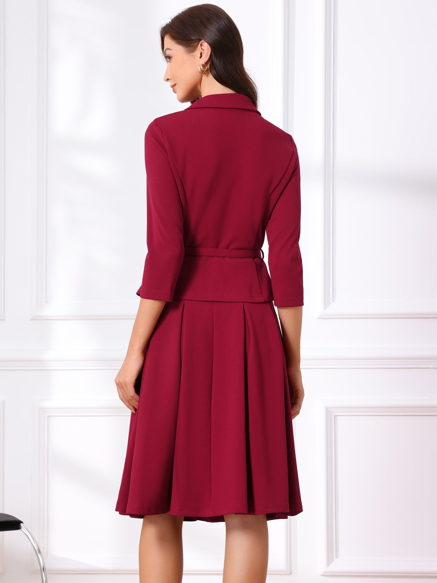 2 Piece 3/4 Sleeve Cropped Belted Blazer and Pleated Skirt Business Suit Sets