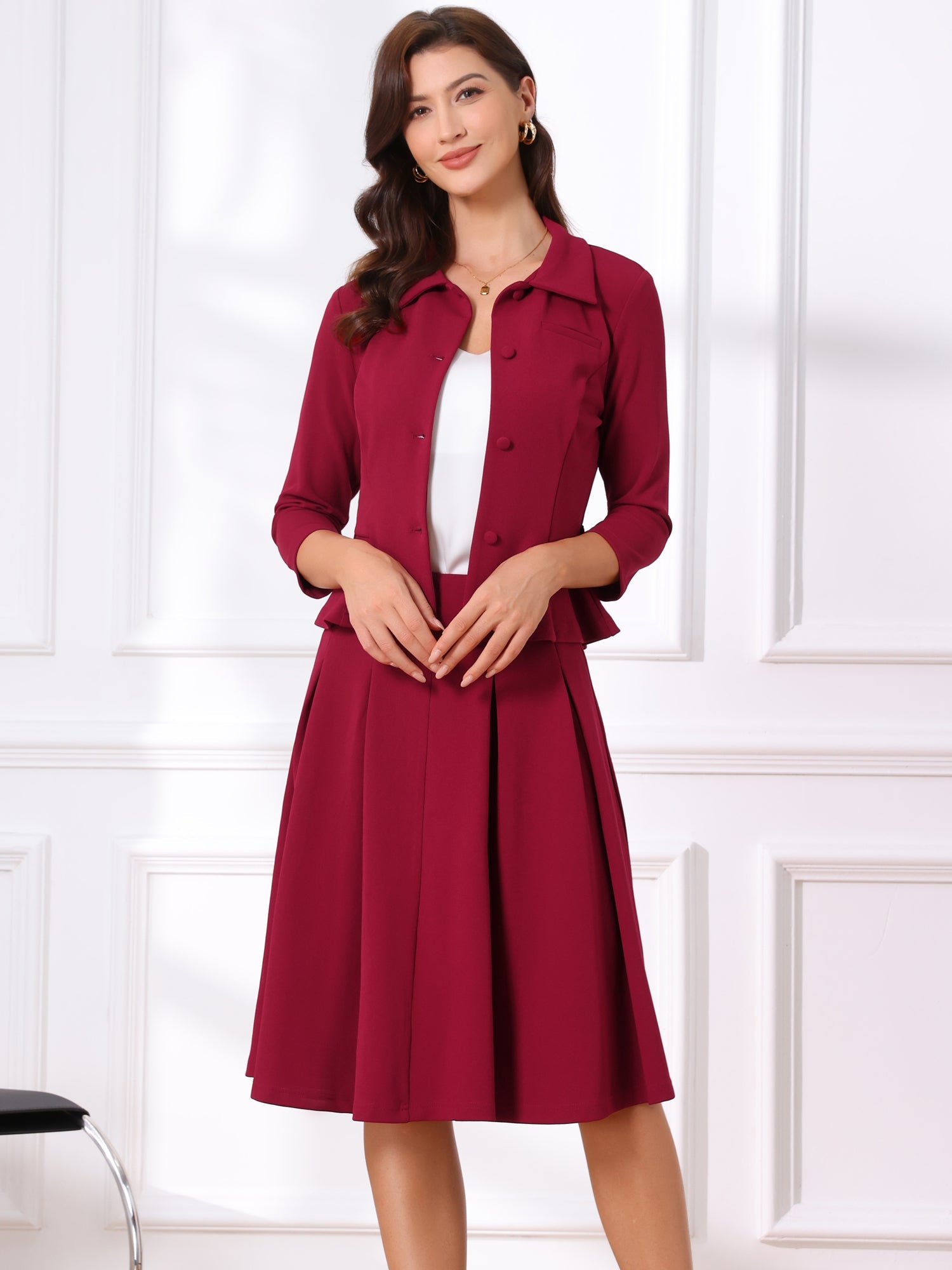 2 Piece 3/4 Sleeve Cropped Belted Blazer and Pleated Skirt Business Suit Sets