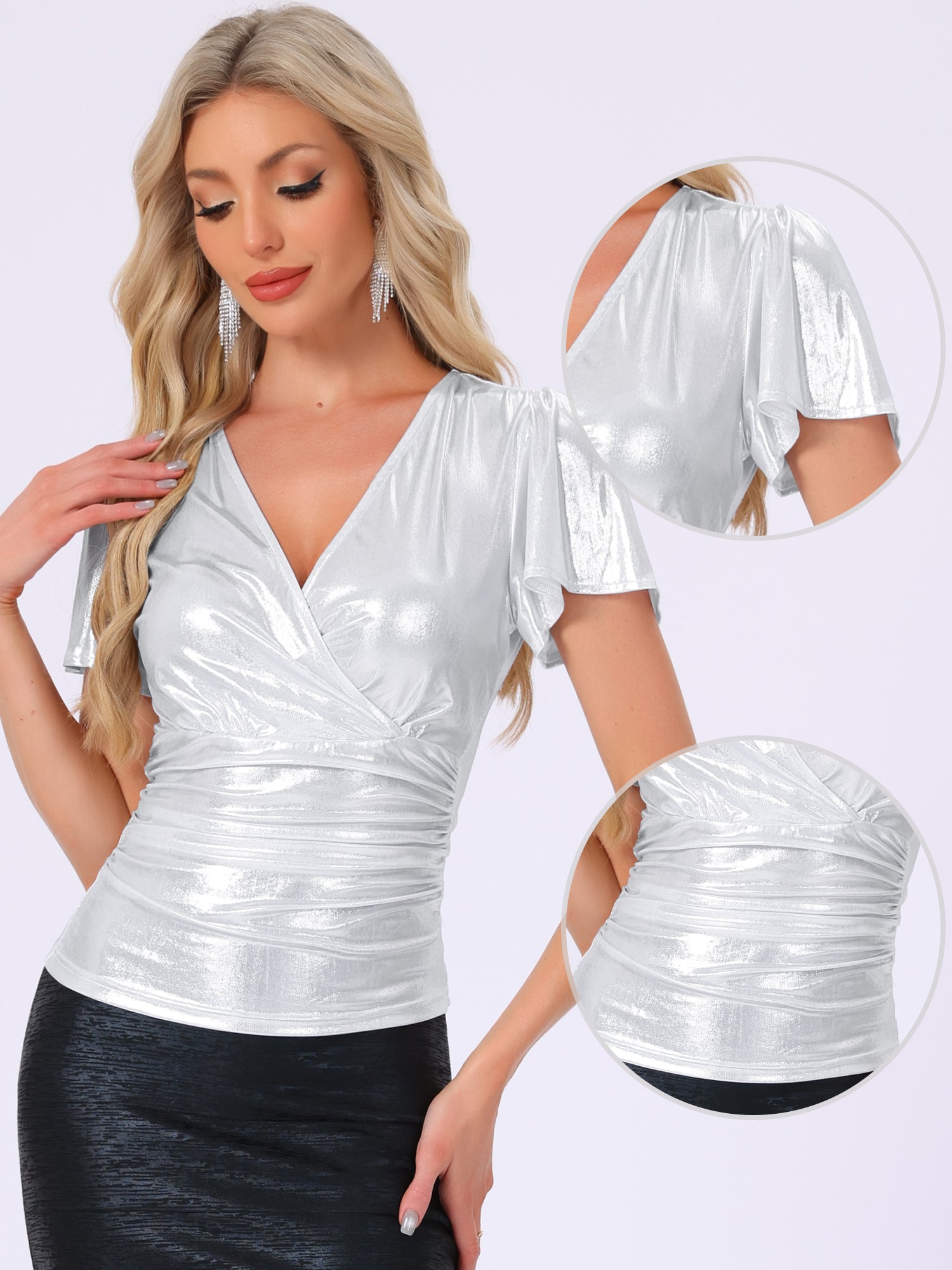 V Neck Ruffle Short Sleeve Shiny Metallic Blouse