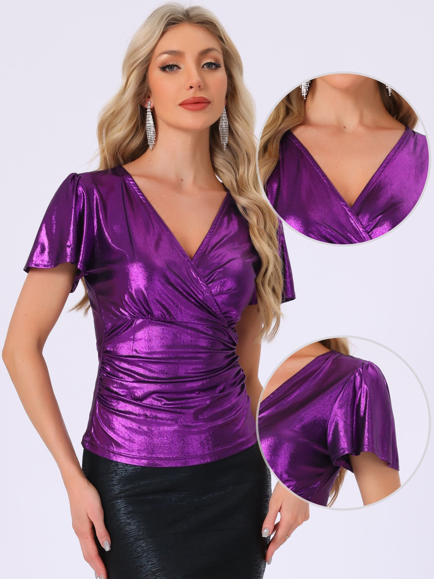 V Neck Ruffle Short Sleeve Shiny Metallic Blouse