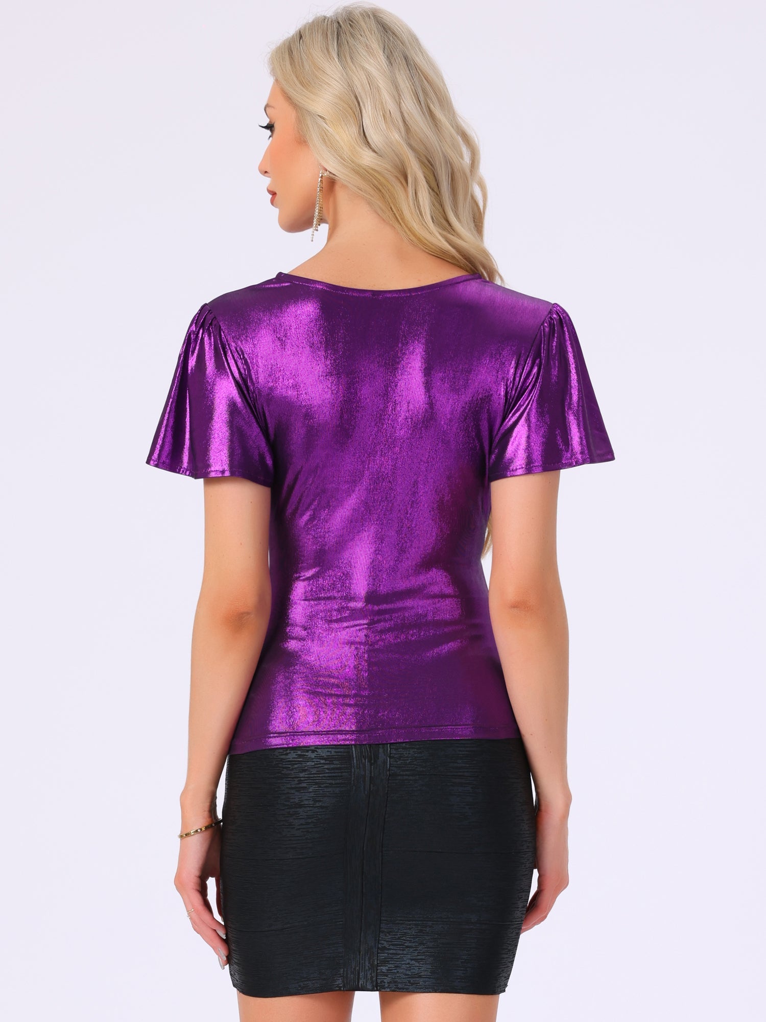 V Neck Ruffle Short Sleeve Shiny Metallic Blouse
