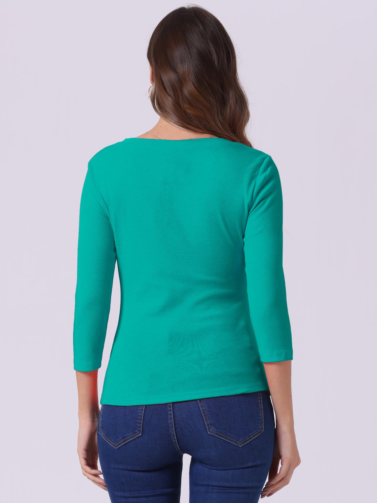 V Neck 3/4 Sleeves Solid Knitted Button Decor Ruched Blouse