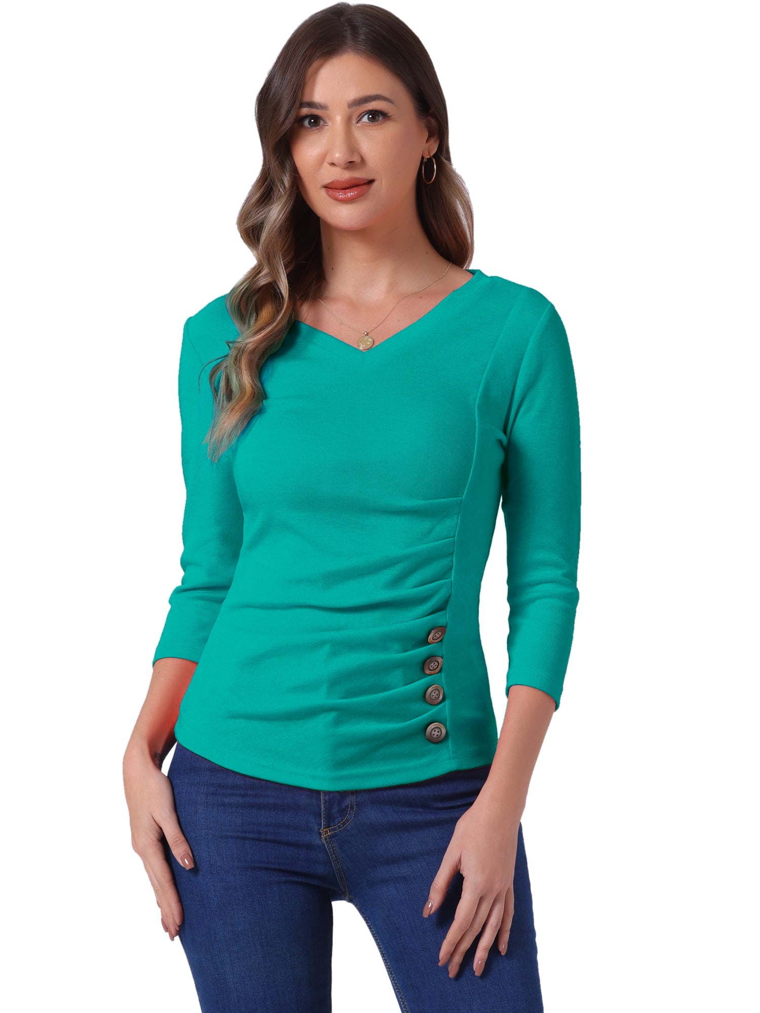 V Neck 3/4 Sleeves Solid Knitted Button Decor Ruched Blouse