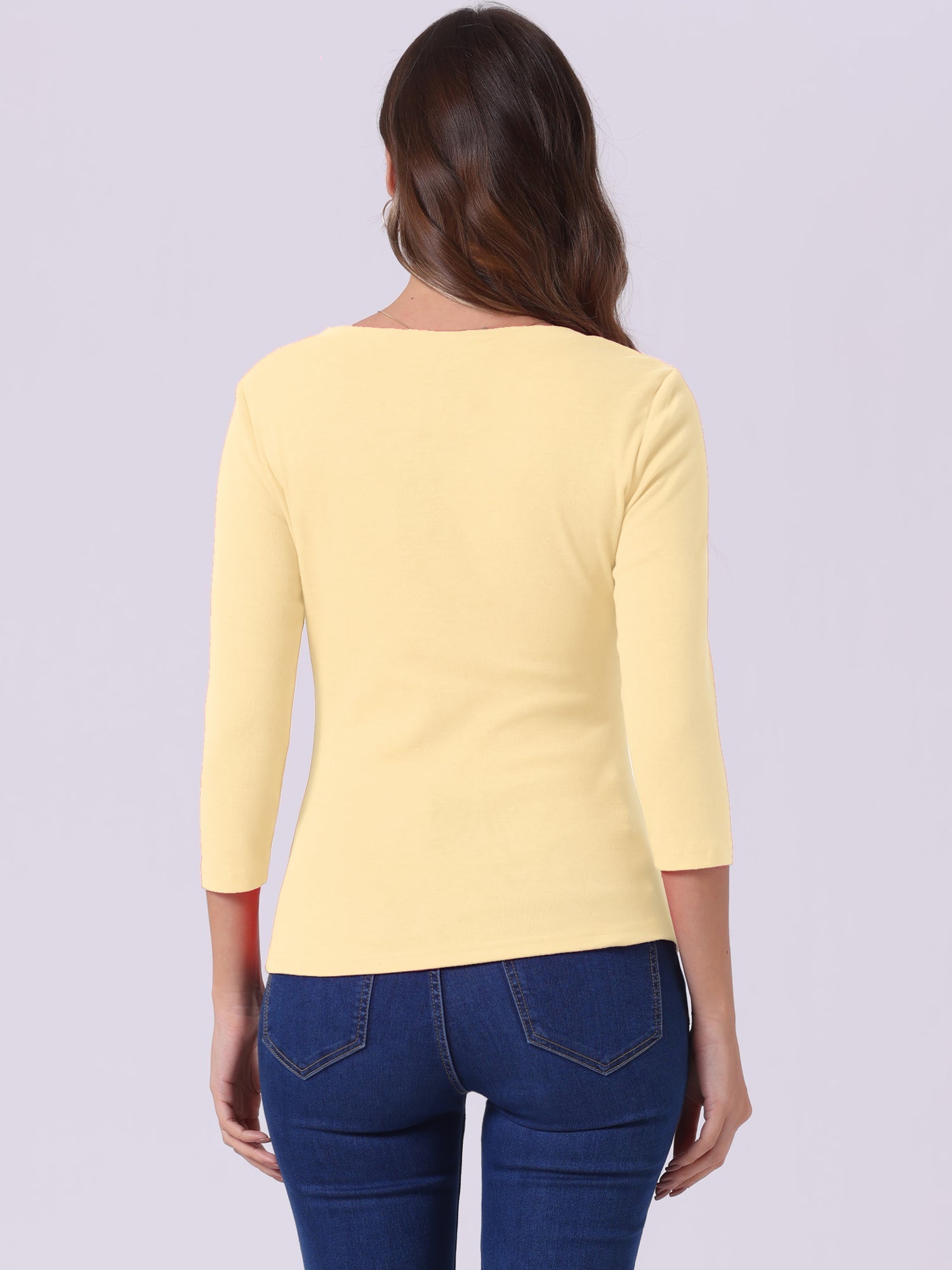 V Neck 3/4 Sleeves Solid Knitted Button Decor Ruched Blouse