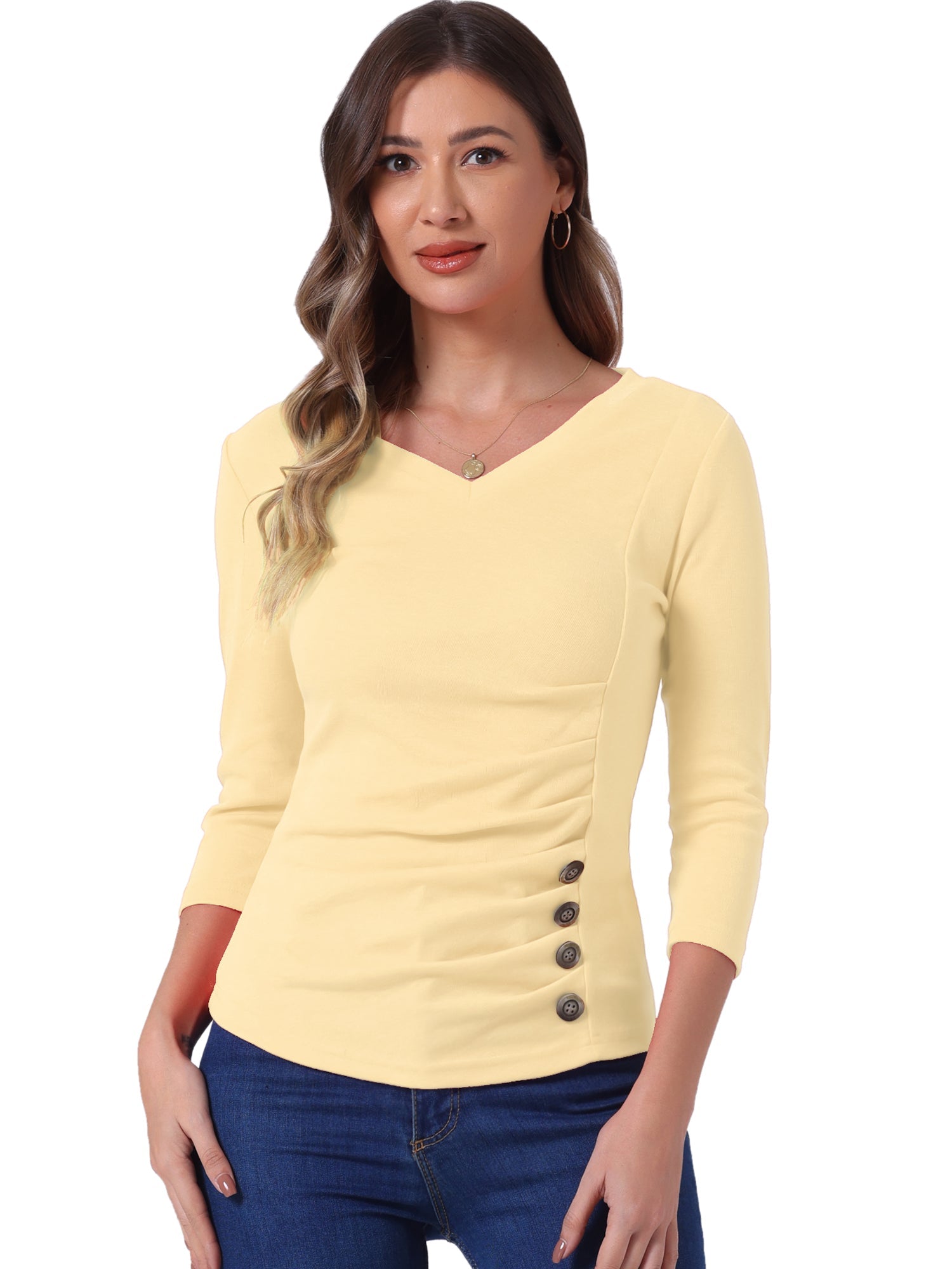 V Neck 3/4 Sleeves Solid Knitted Button Decor Ruched Blouse