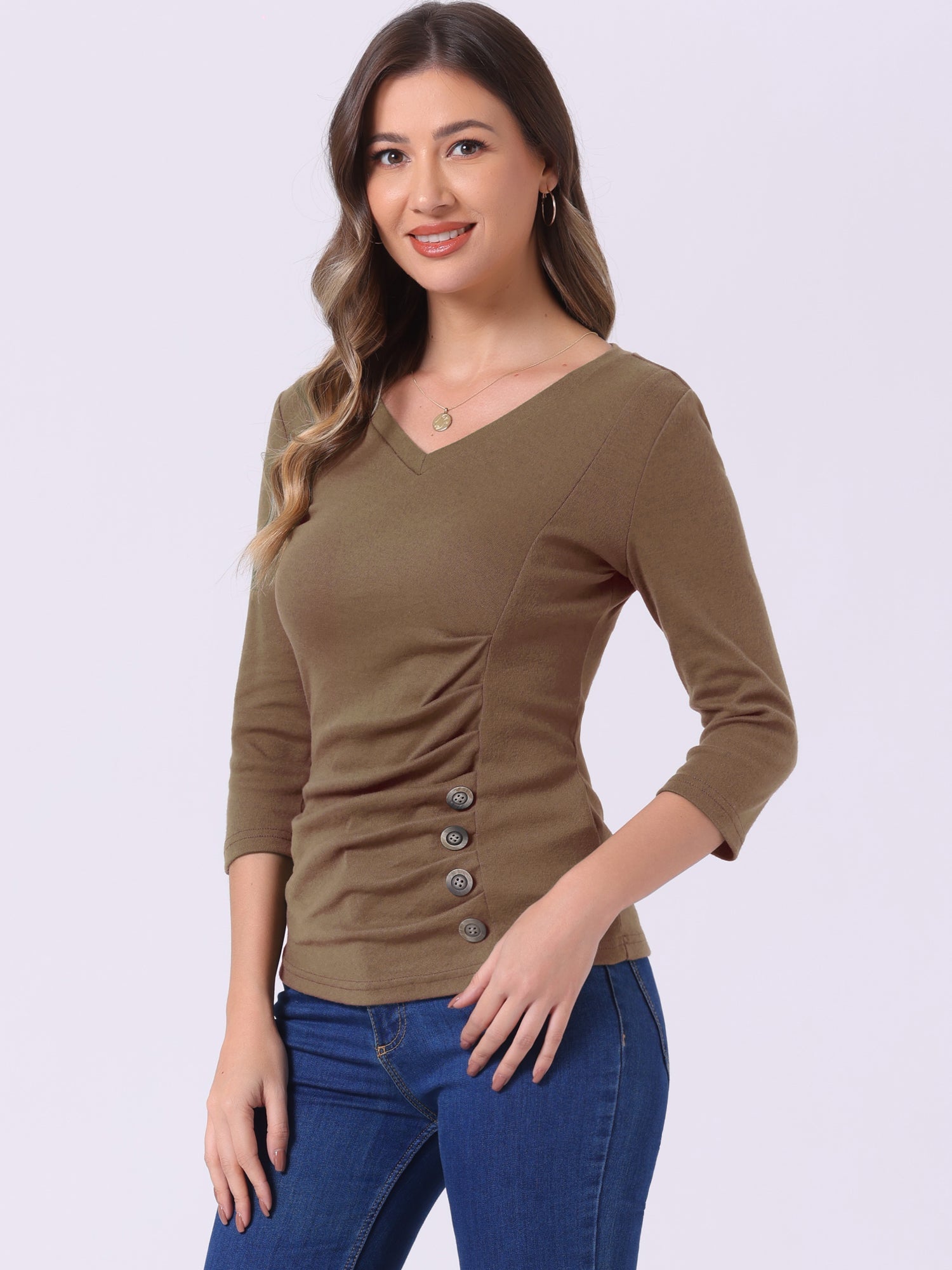 V Neck 3/4 Sleeves Solid Knitted Button Decor Ruched Blouse
