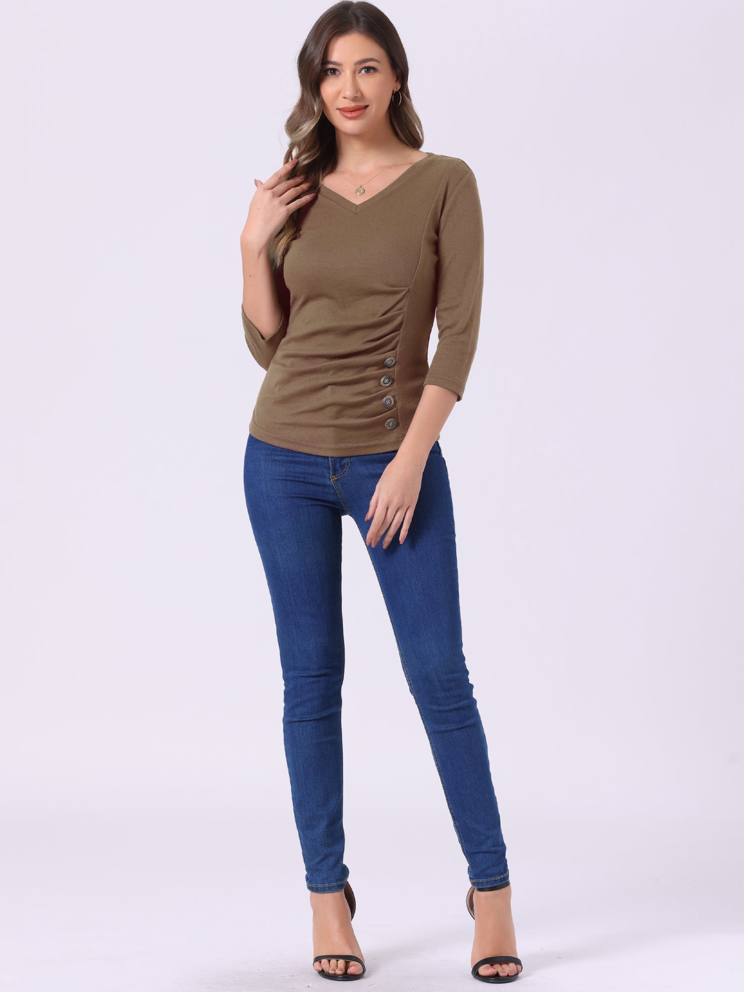 V Neck 3/4 Sleeves Solid Knitted Button Decor Ruched Blouse