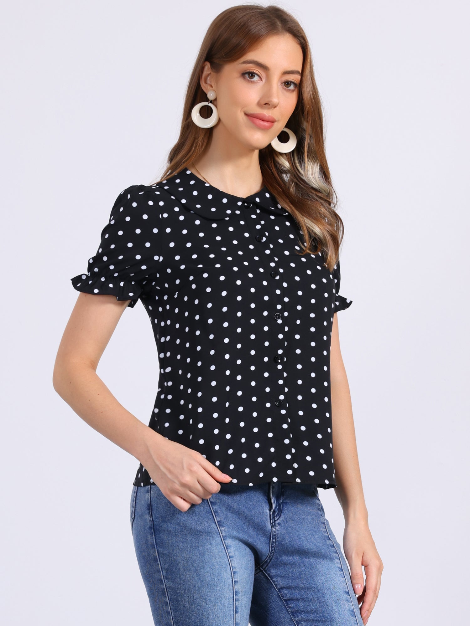 Polka Dot Short Puff Sleeve Button Up Peter Pan Collar Blouse