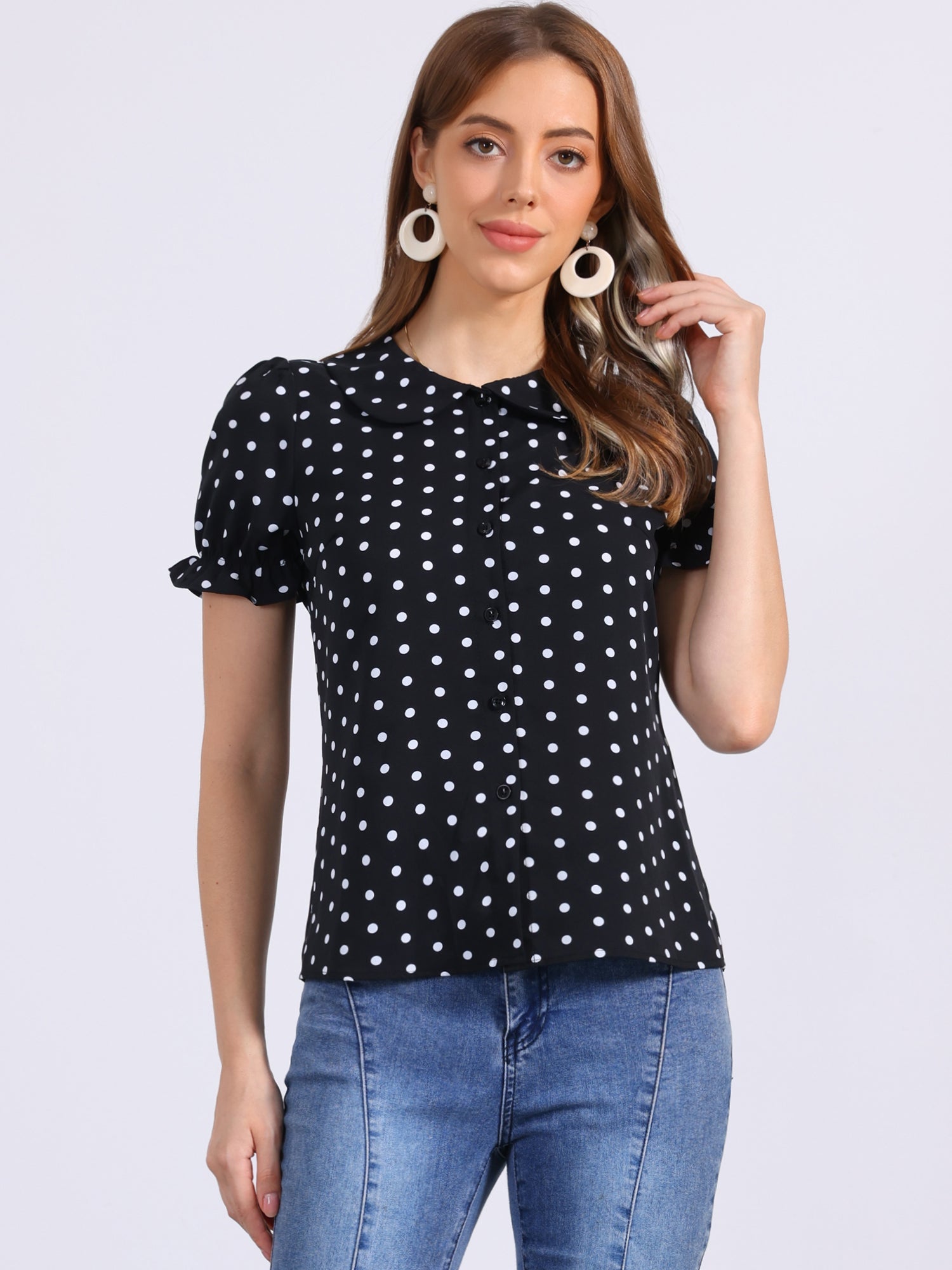 Polka Dot Short Puff Sleeve Button Up Peter Pan Collar Blouse