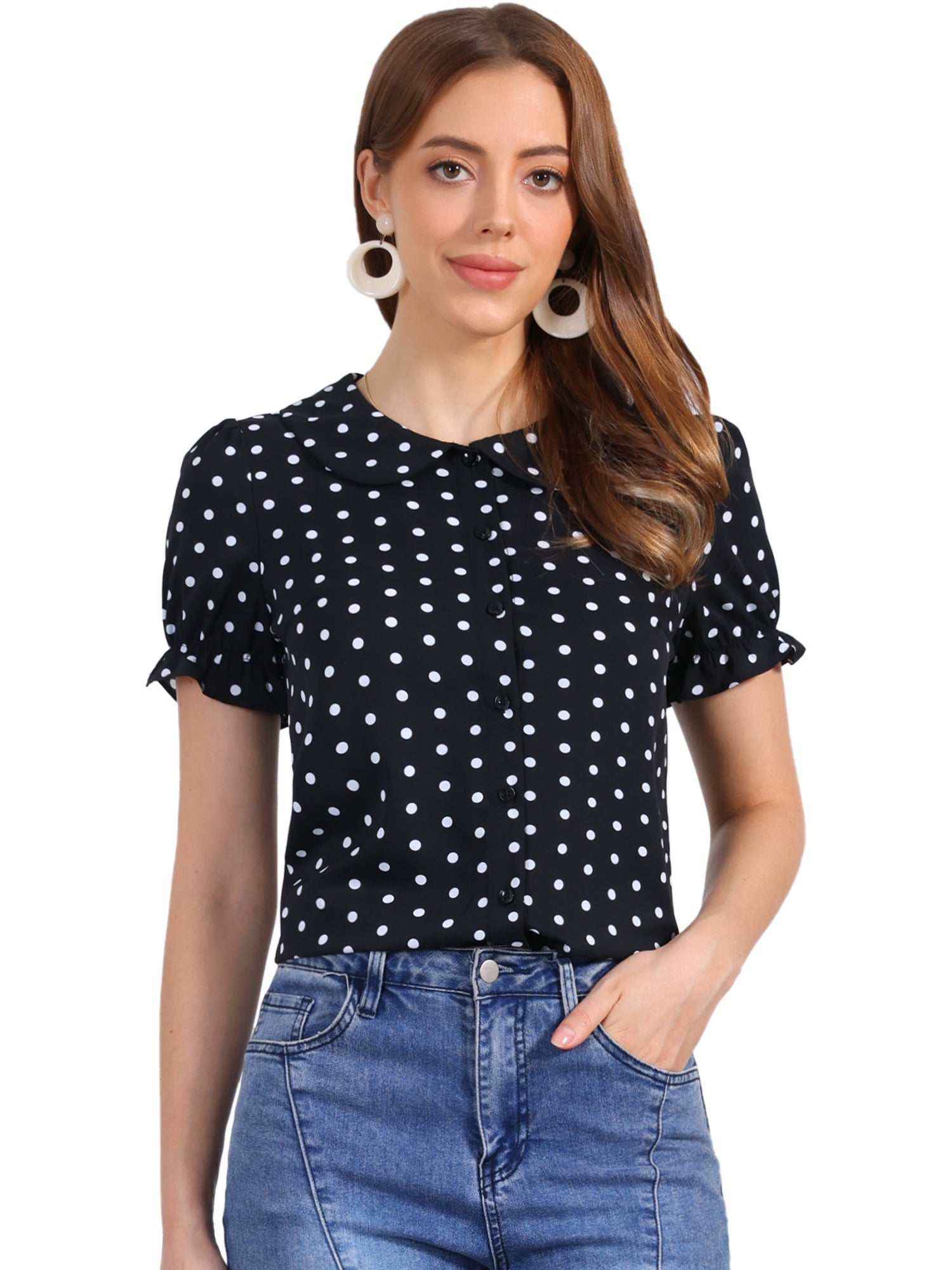 Polka Dot Short Puff Sleeve Button Up Peter Pan Collar Blouse