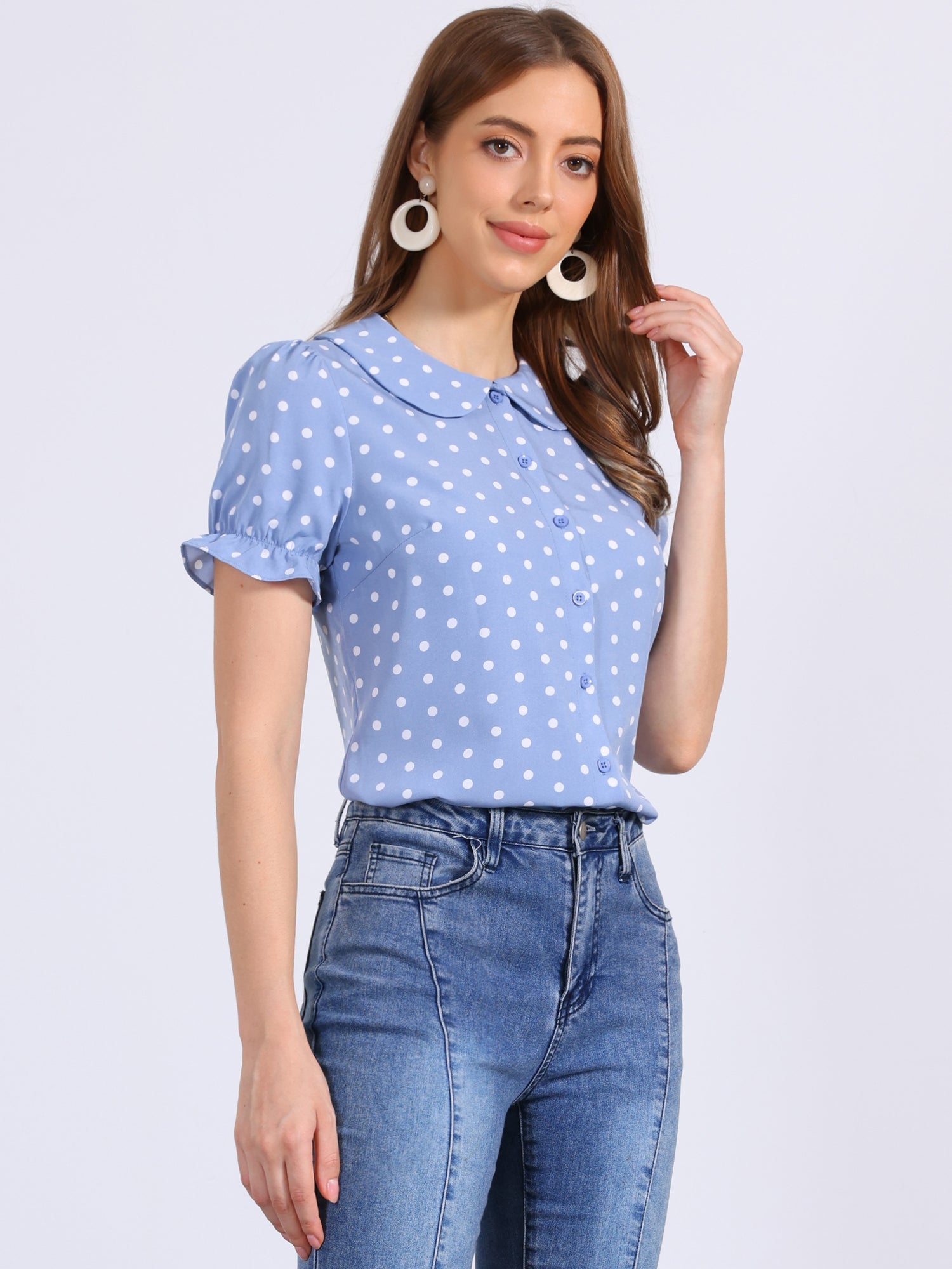 Polka Dot Short Puff Sleeve Button Up Peter Pan Collar Blouse