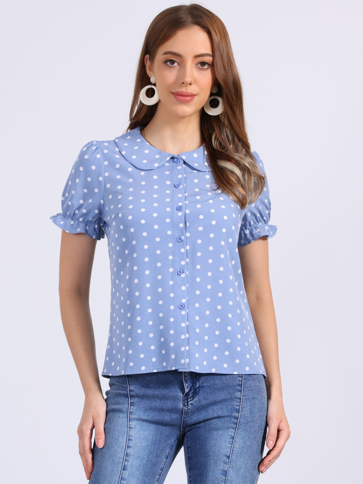 Polka Dot Short Puff Sleeve Button Up Peter Pan Collar Blouse