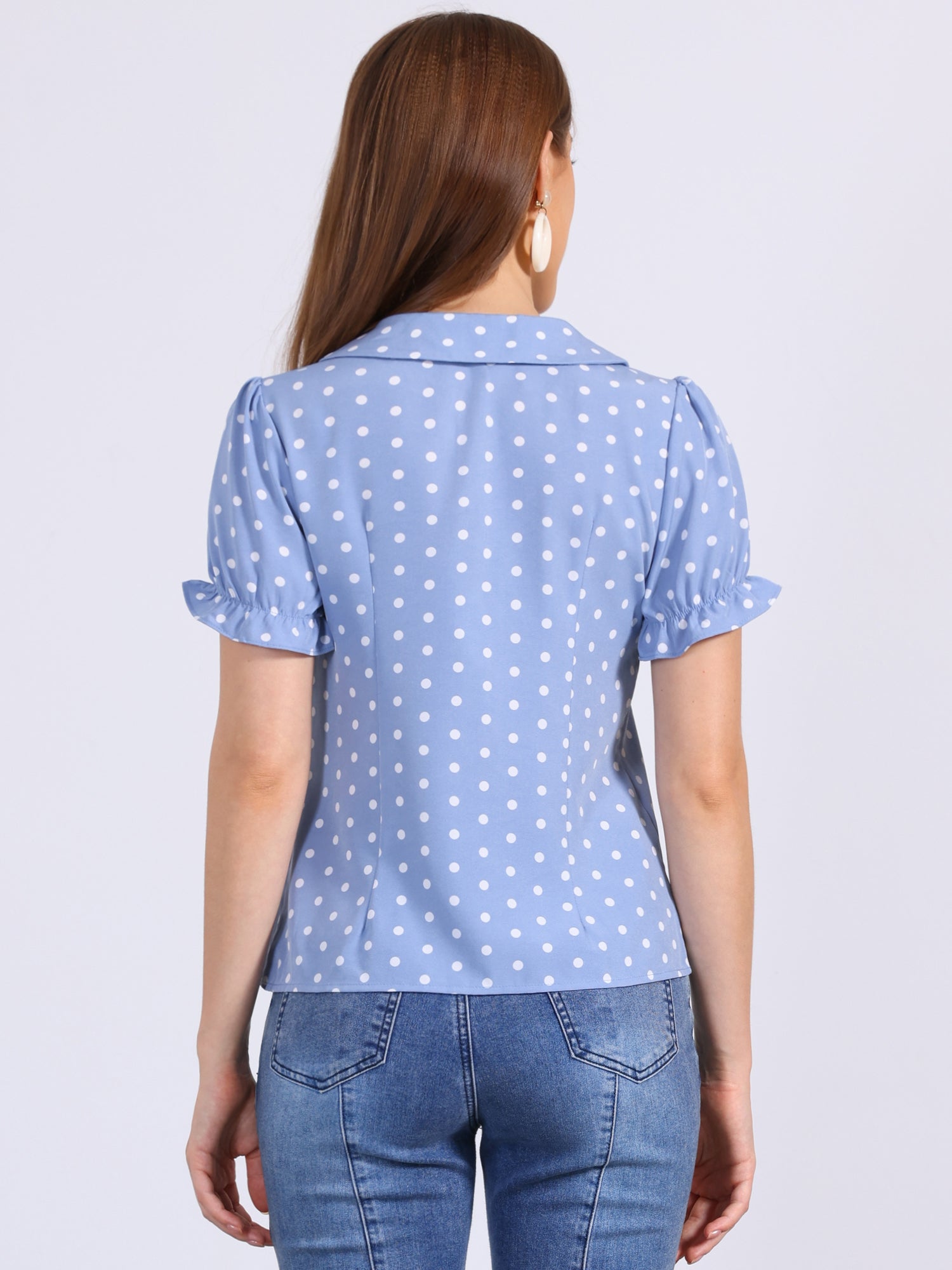 Polka Dot Short Puff Sleeve Button Up Peter Pan Collar Blouse