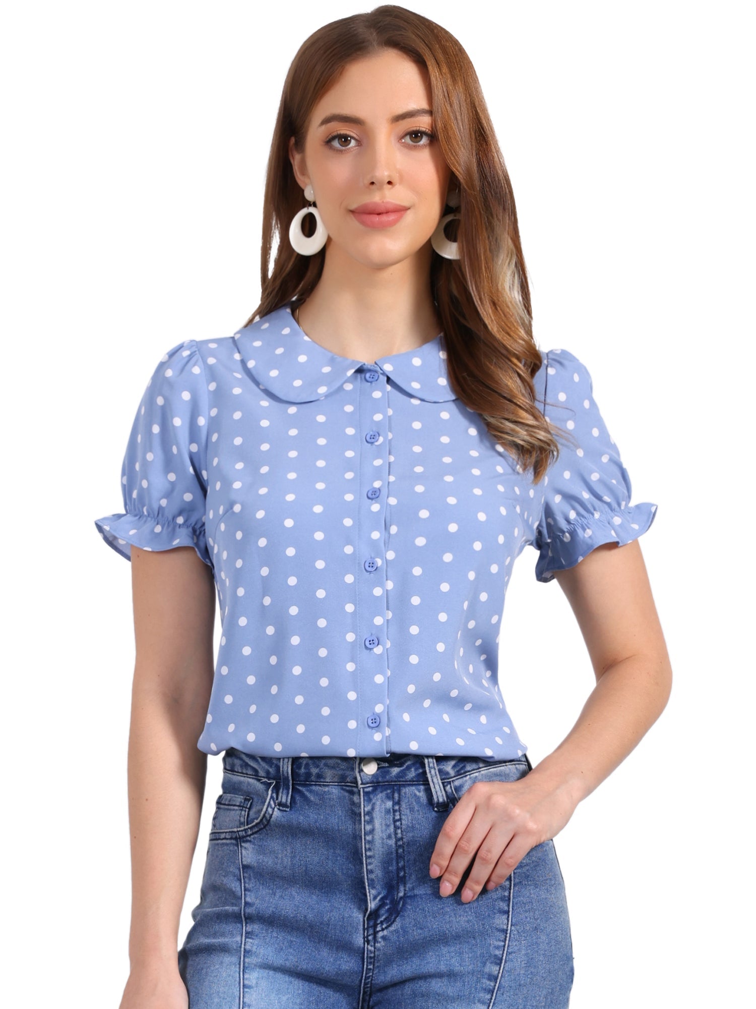 Polka Dot Short Puff Sleeve Button Up Peter Pan Collar Blouse