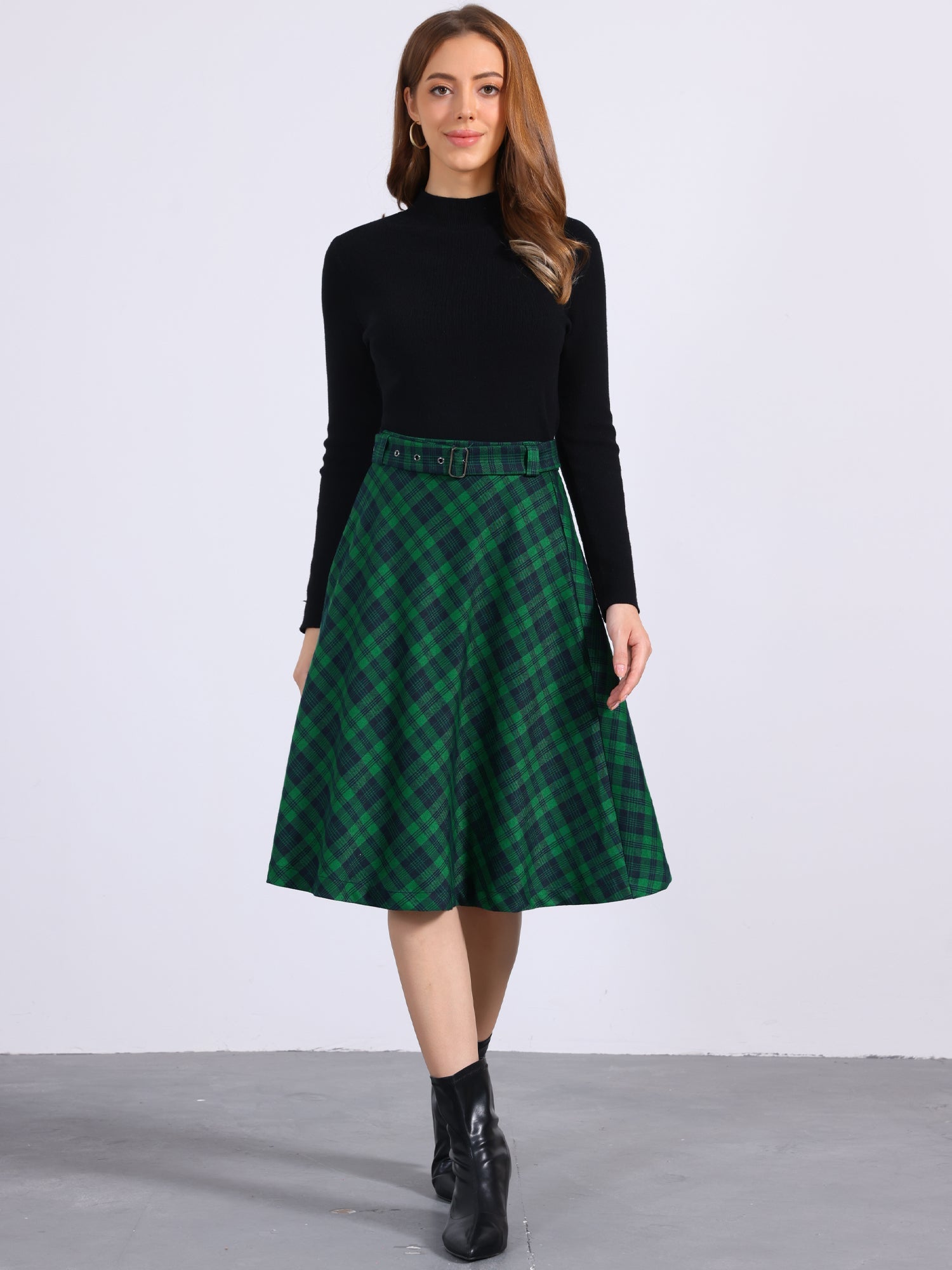 Christmas Tartan Plaid High Waist Belted Vintage A-Line Midi Skirt