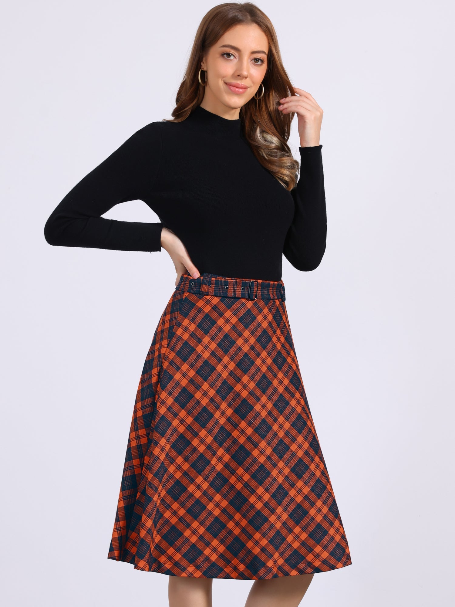 Christmas Tartan Plaid High Waist Belted Vintage A-Line Midi Skirt