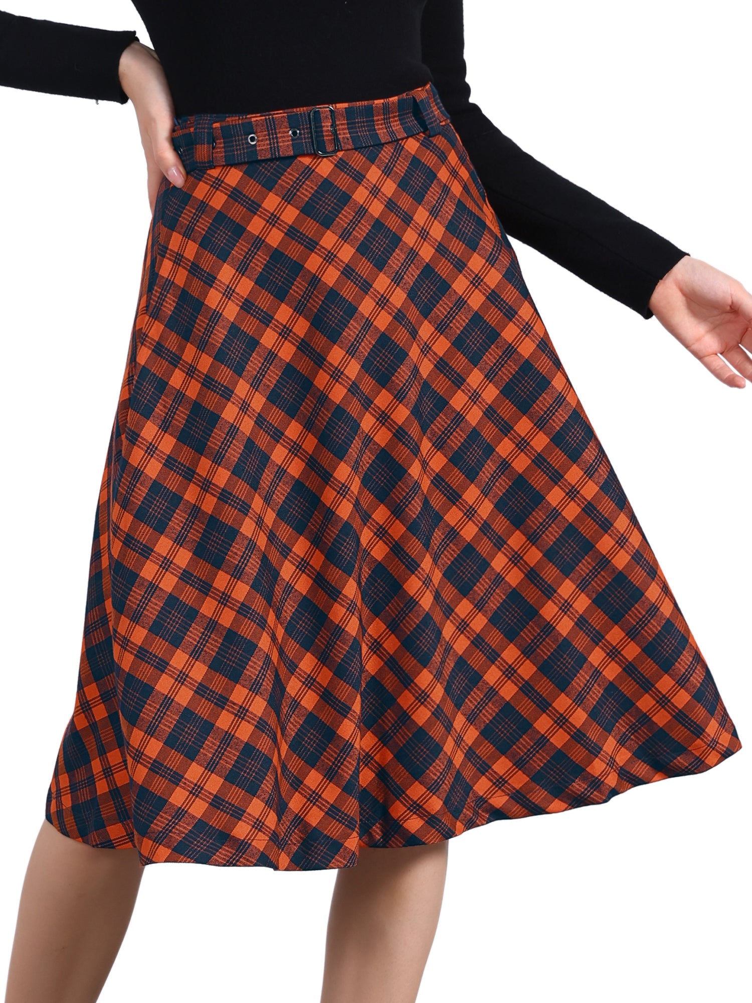 Christmas Tartan Plaid High Waist Belted Vintage A-Line Midi Skirt