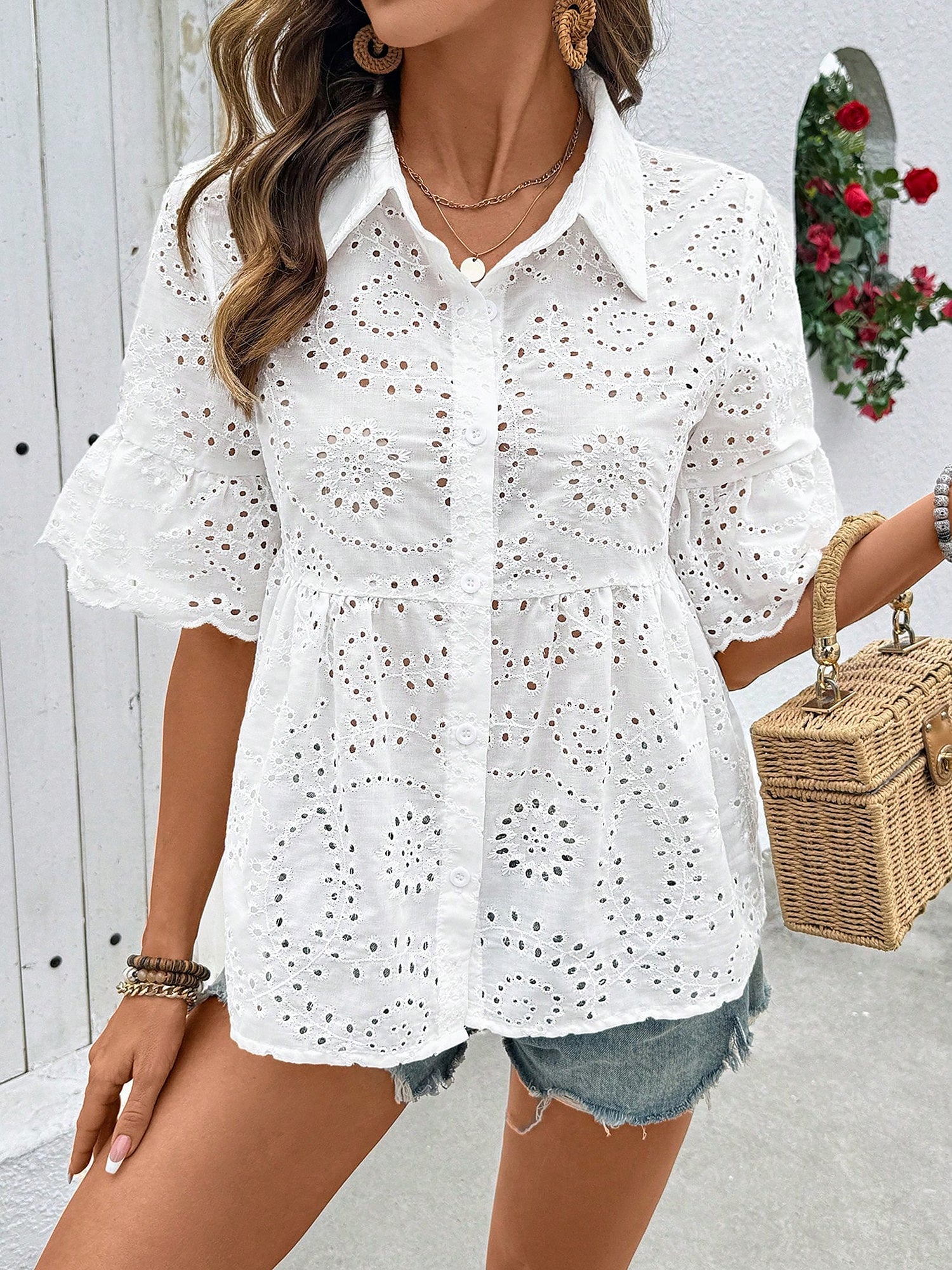 Eyelet Mid Sleeves Button Down Babydoll Blouse