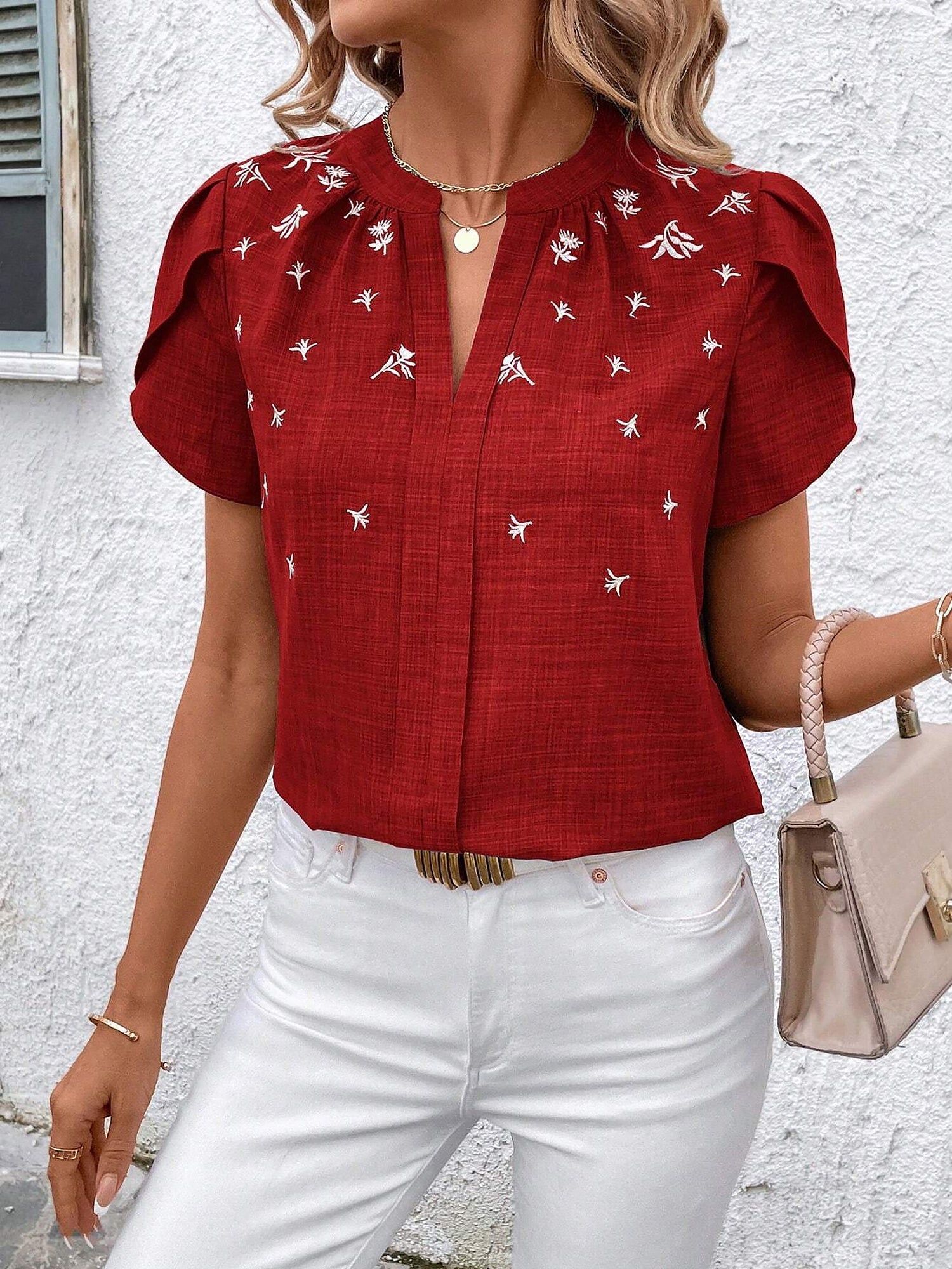 Notch Neck Embroidered Floral Casual Blouse