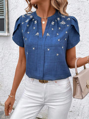 Notch Neck Embroidered Floral Casual Blouse