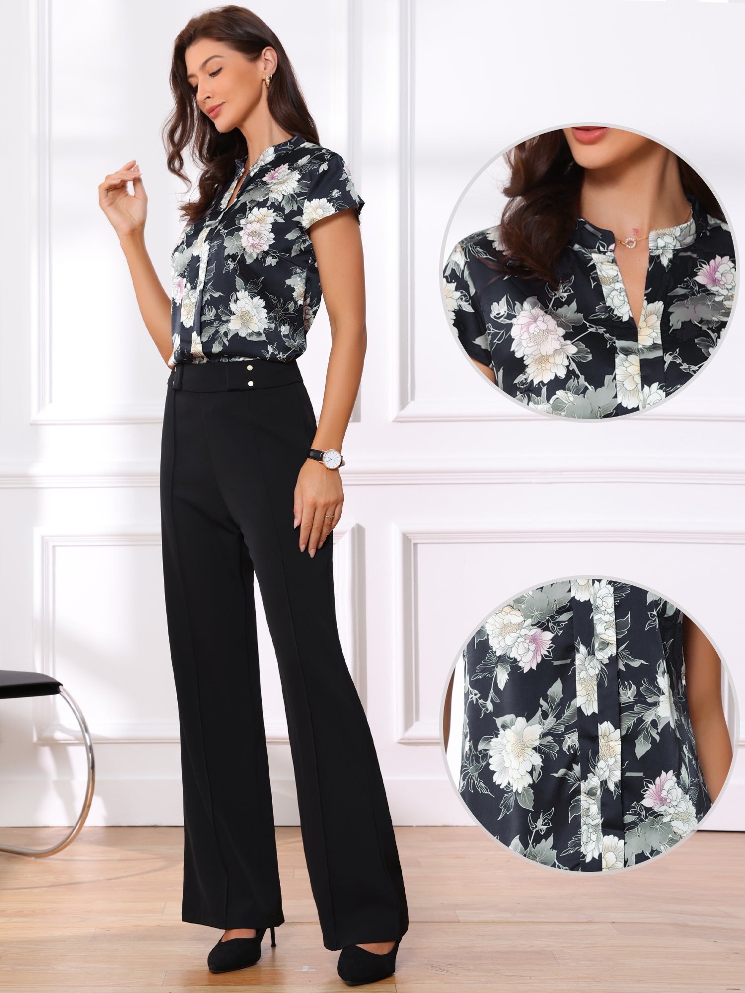 Satin Work Floral Vintage Stand Collar Cap Sleeve Blouse