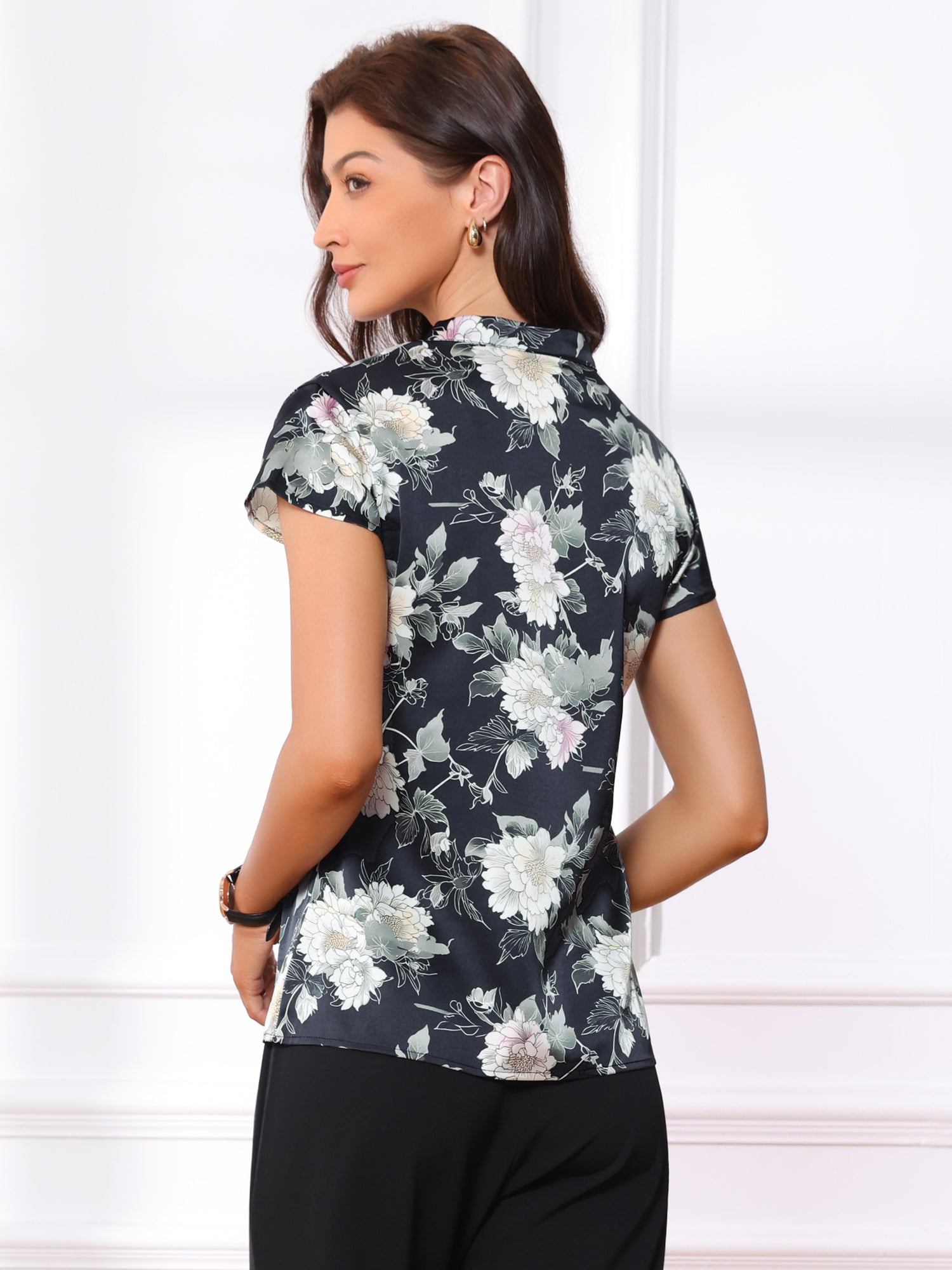 Satin Work Floral Vintage Stand Collar Cap Sleeve Blouse