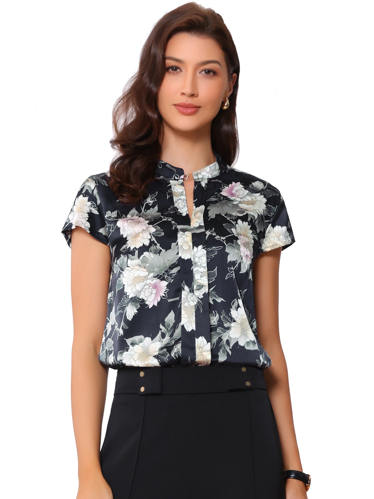 Satin Work Floral Vintage Stand Collar Cap Sleeve Blouse