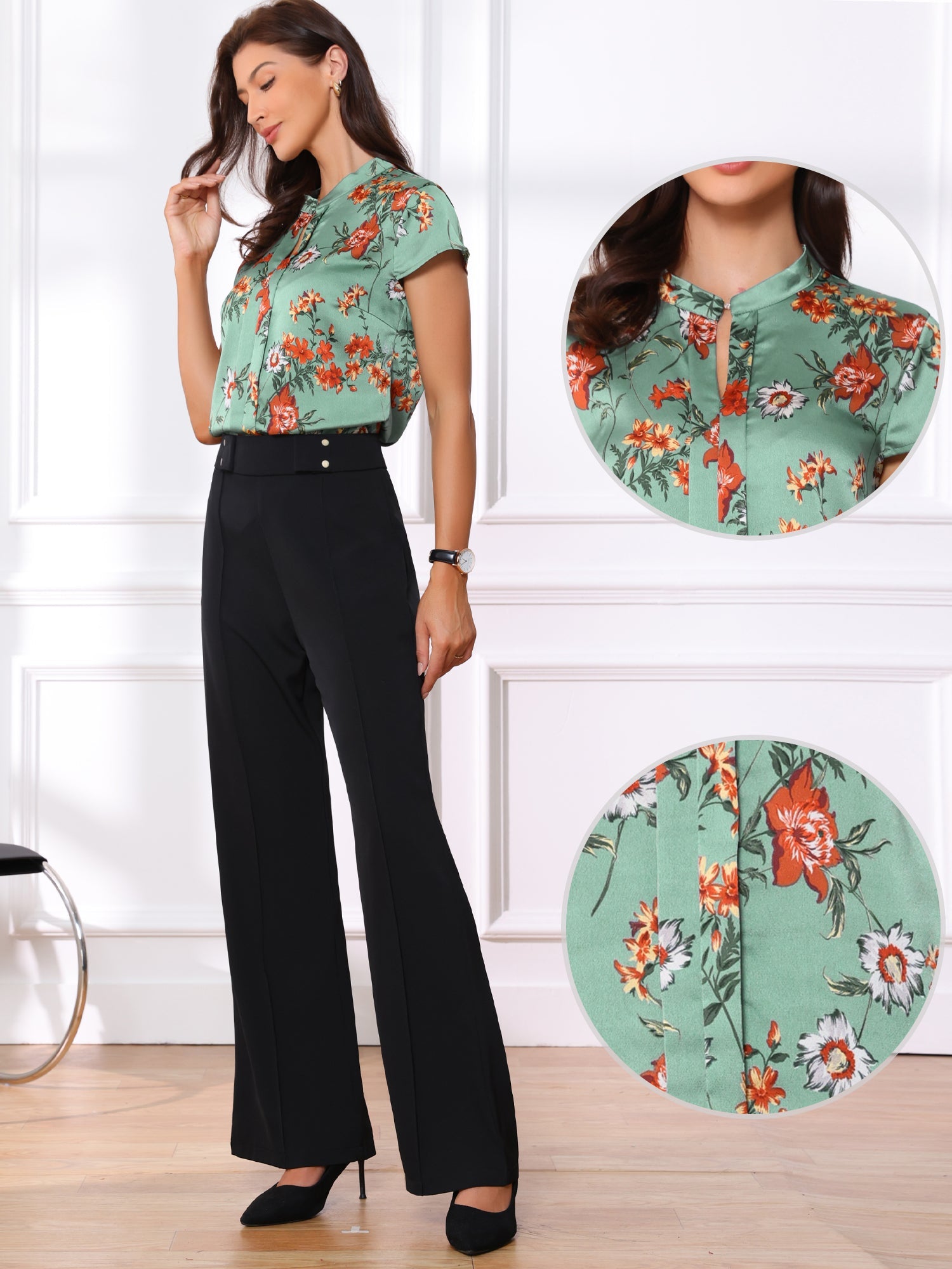 Satin Work Floral Vintage Stand Collar Cap Sleeve Blouse