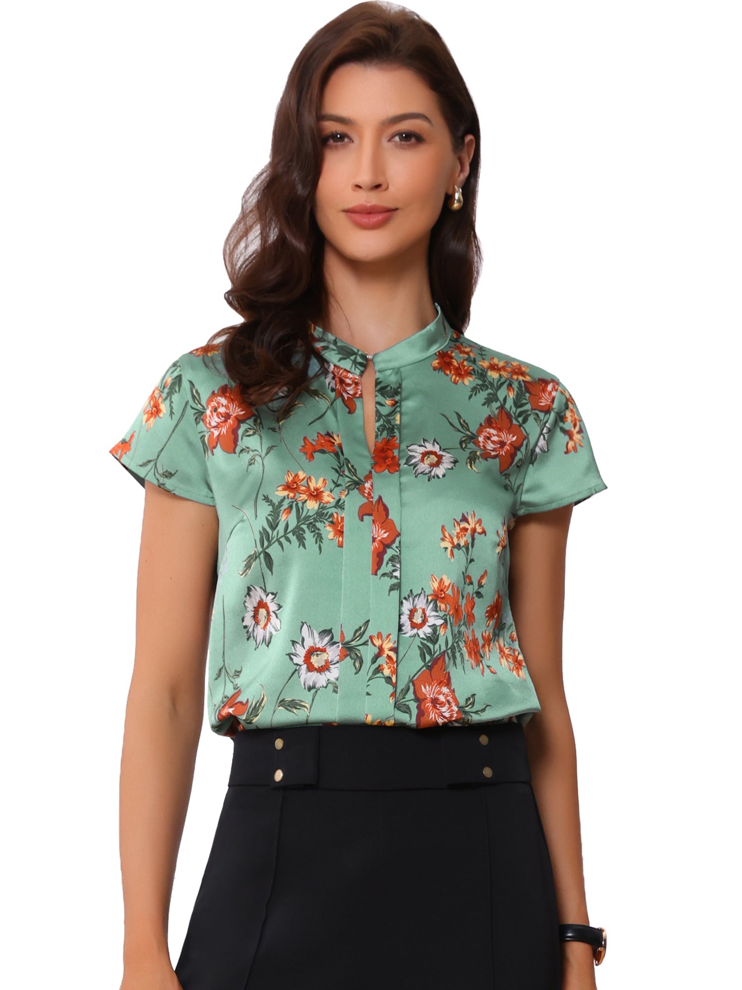Satin Work Floral Vintage Stand Collar Cap Sleeve Blouse