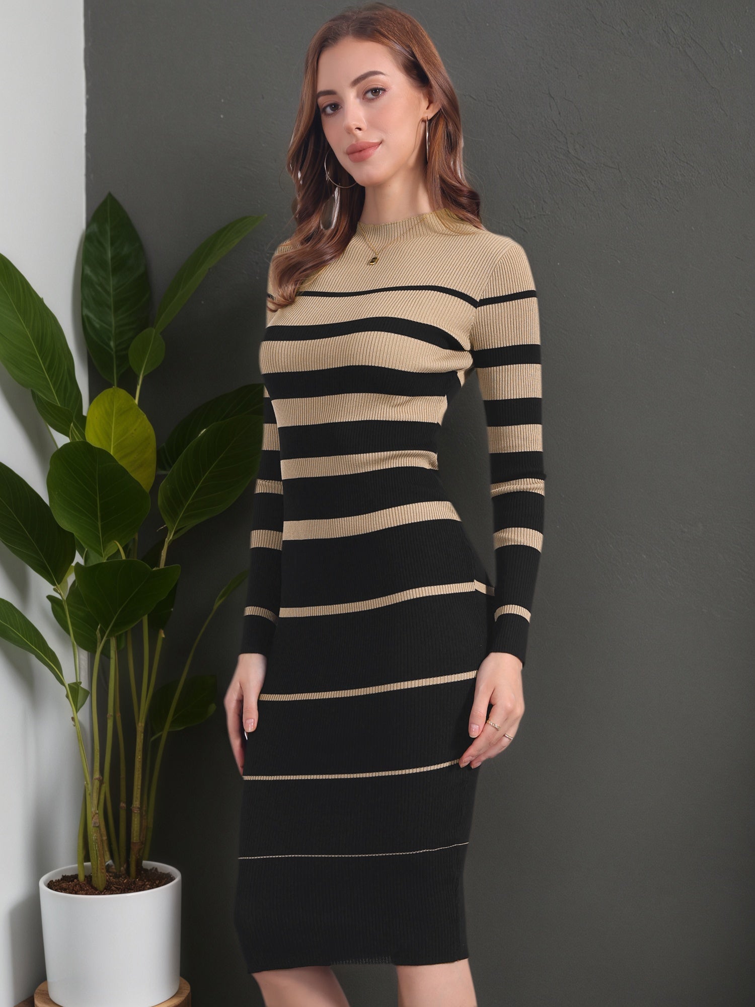 Striped Long Sleeve Crew Neck Bodycon Ribbed Knit Sweater Dress
