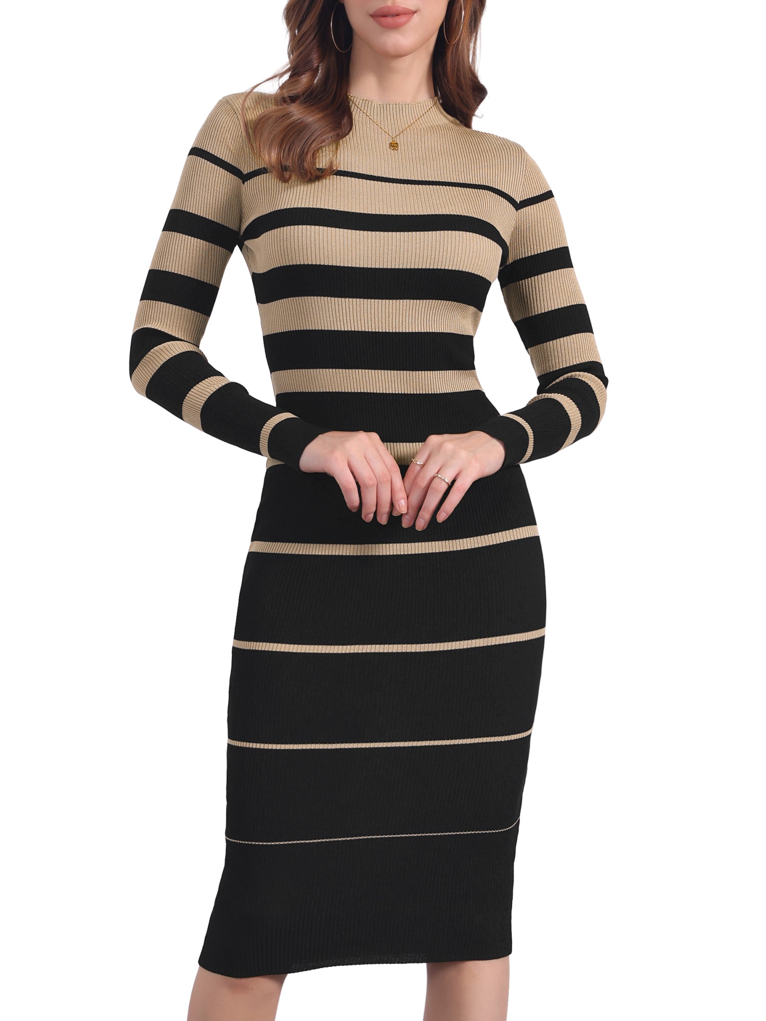 Striped Long Sleeve Crew Neck Bodycon Ribbed Knit Sweater Dress