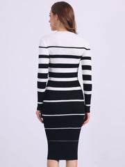 Striped Long Sleeve Crew Neck Bodycon Ribbed Knit Sweater Dress