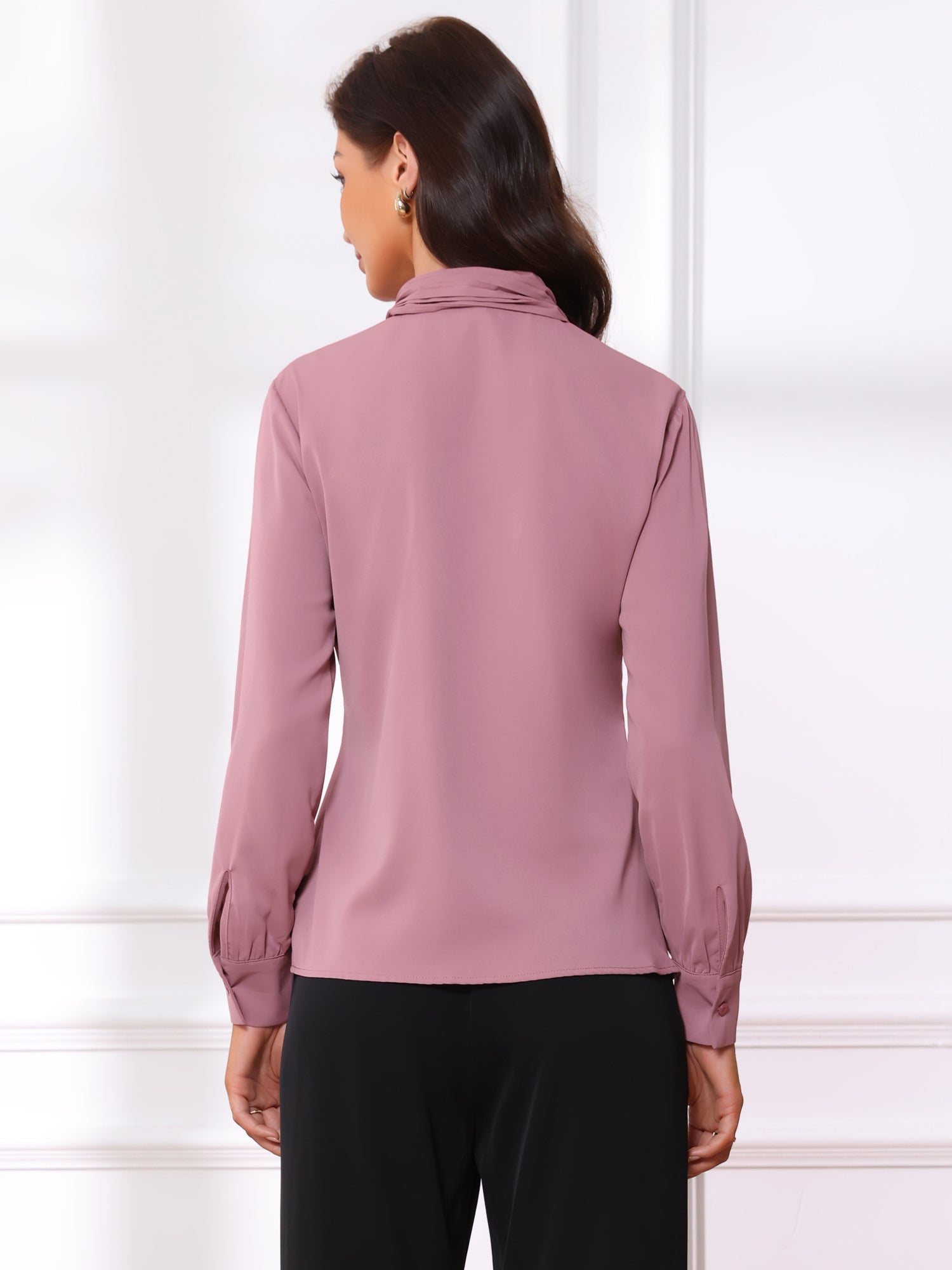 Long Sleeve Chiffon Pleated Tie Neck Office Blouse