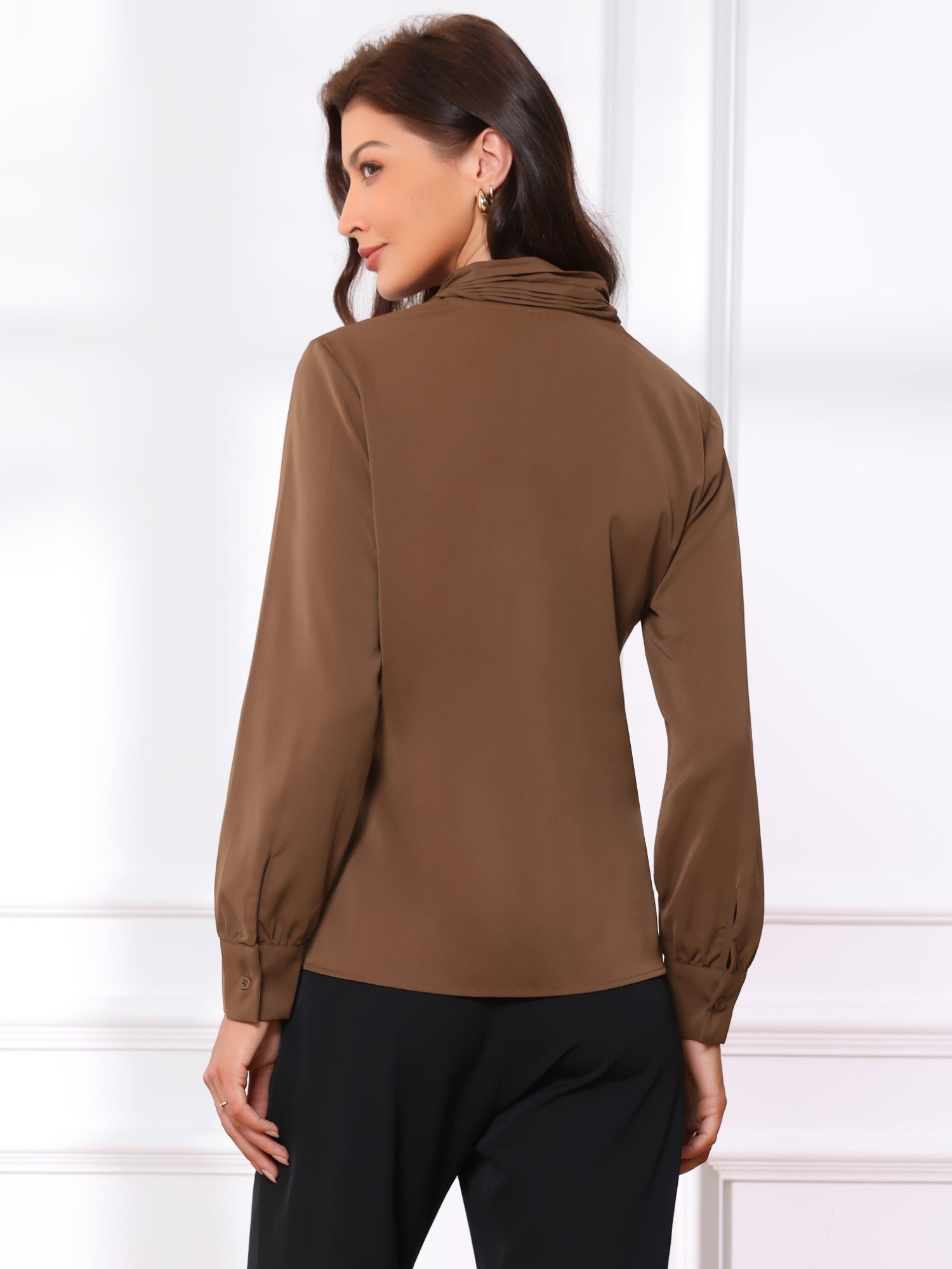Long Sleeve Chiffon Pleated Tie Neck Office Blouse