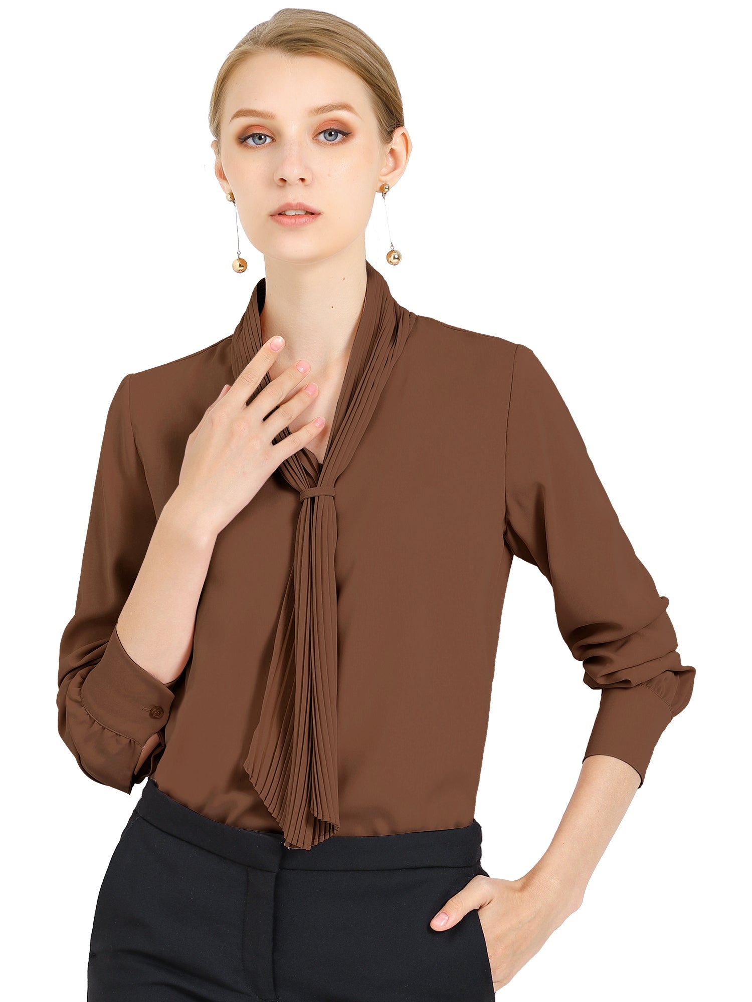 Long Sleeve Chiffon Pleated Tie Neck Office Blouse