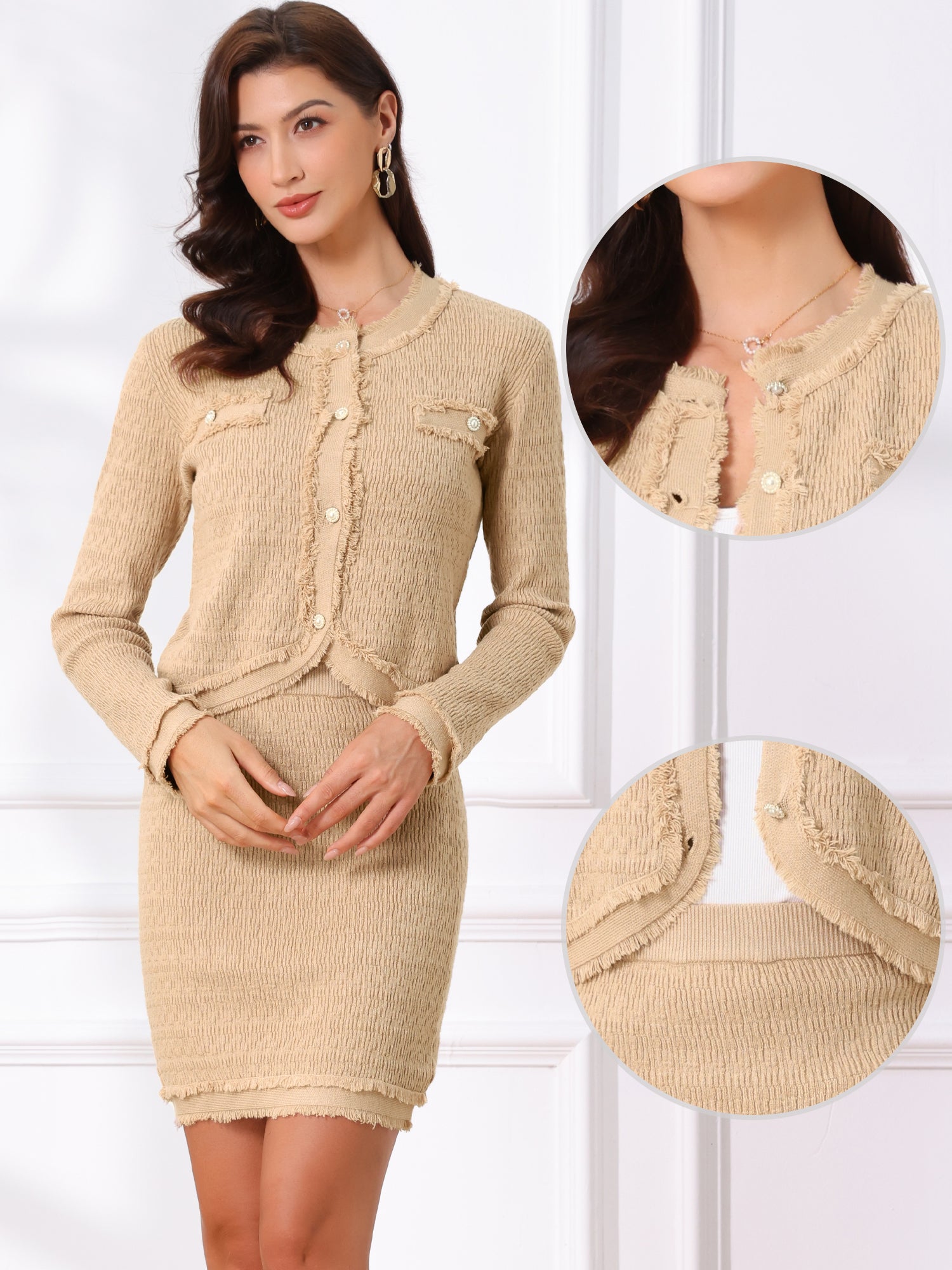 2 Pieces Stretch Textured Knit Cropped Jacket and Mini Skirt Suit Sets