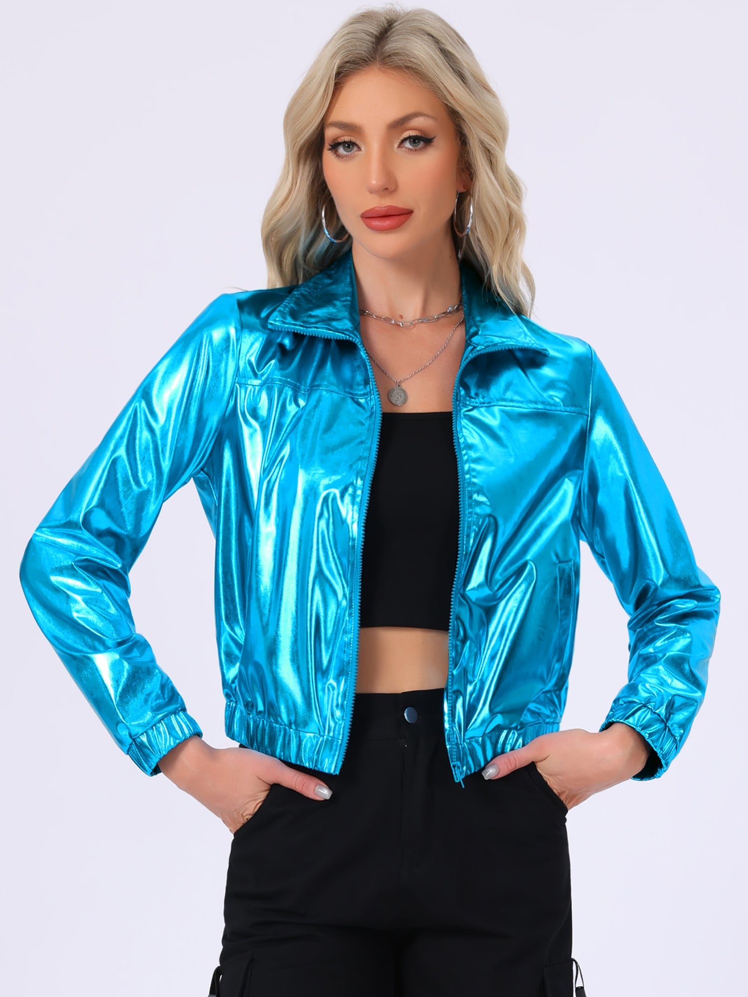 Holographic Long Sleeve Lightweight Zipper Metallic Jacket