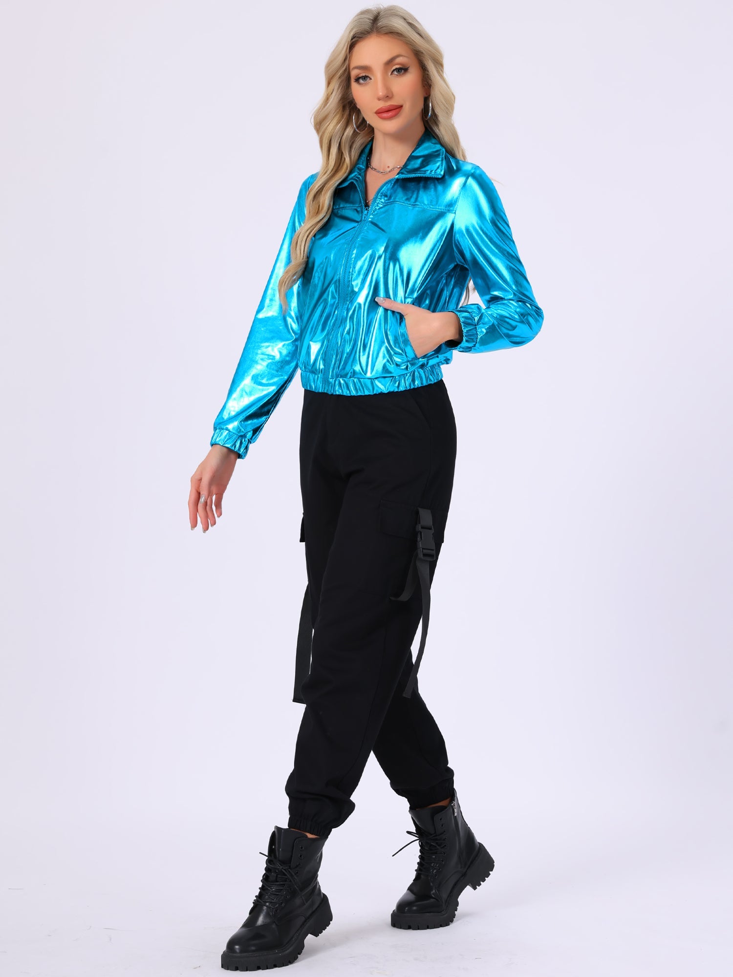 Holographic Long Sleeve Lightweight Zipper Metallic Jacket