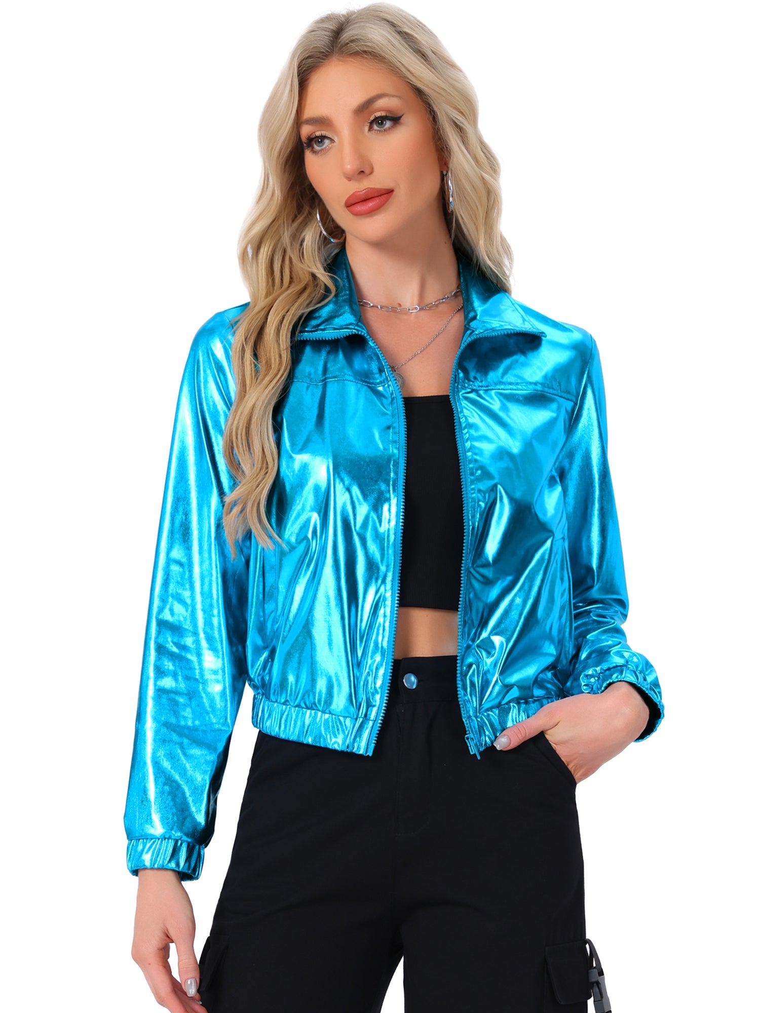 Holographic Long Sleeve Lightweight Zipper Metallic Jacket