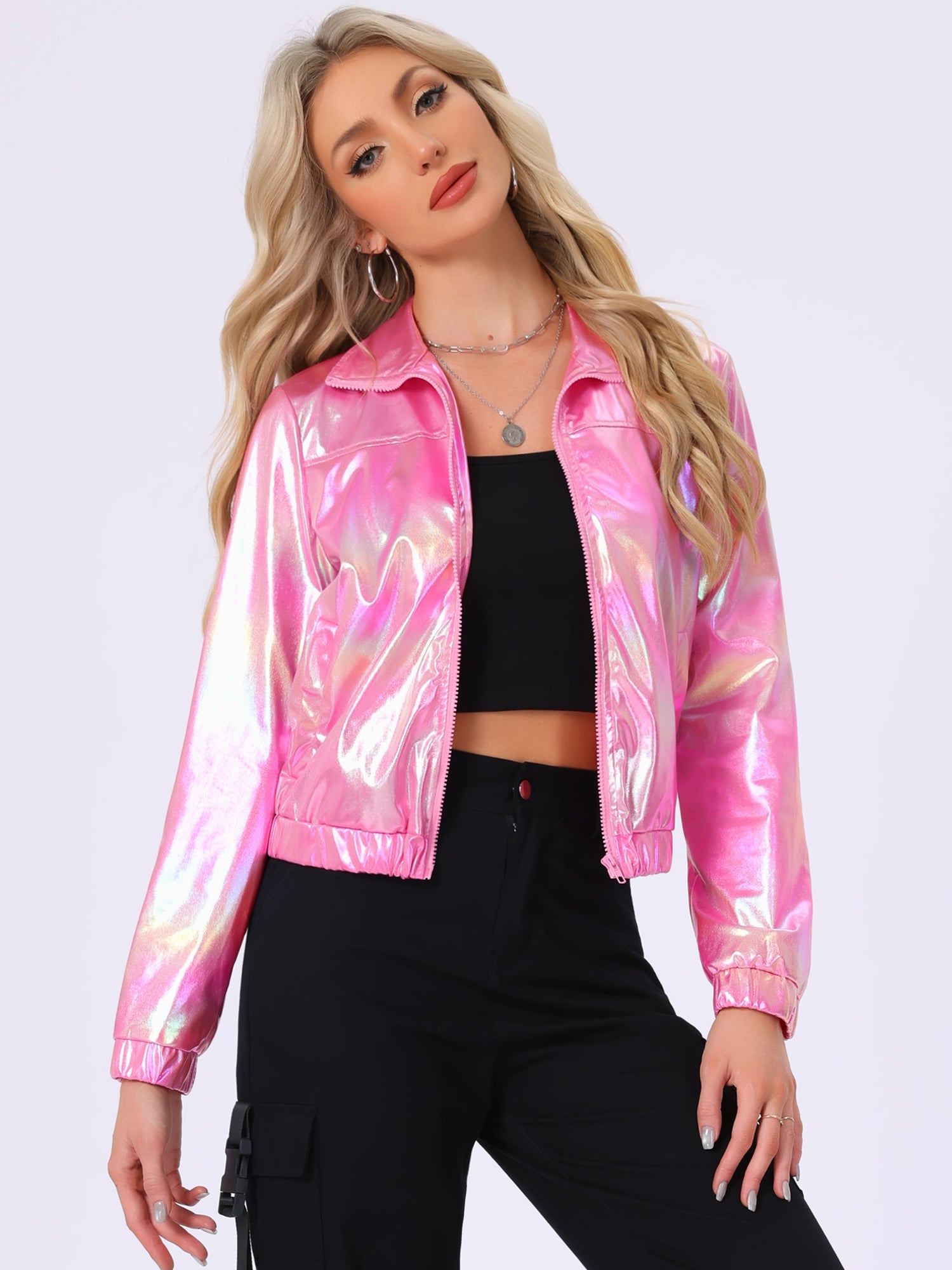 Holographic Long Sleeve Lightweight Zipper Metallic Jacket