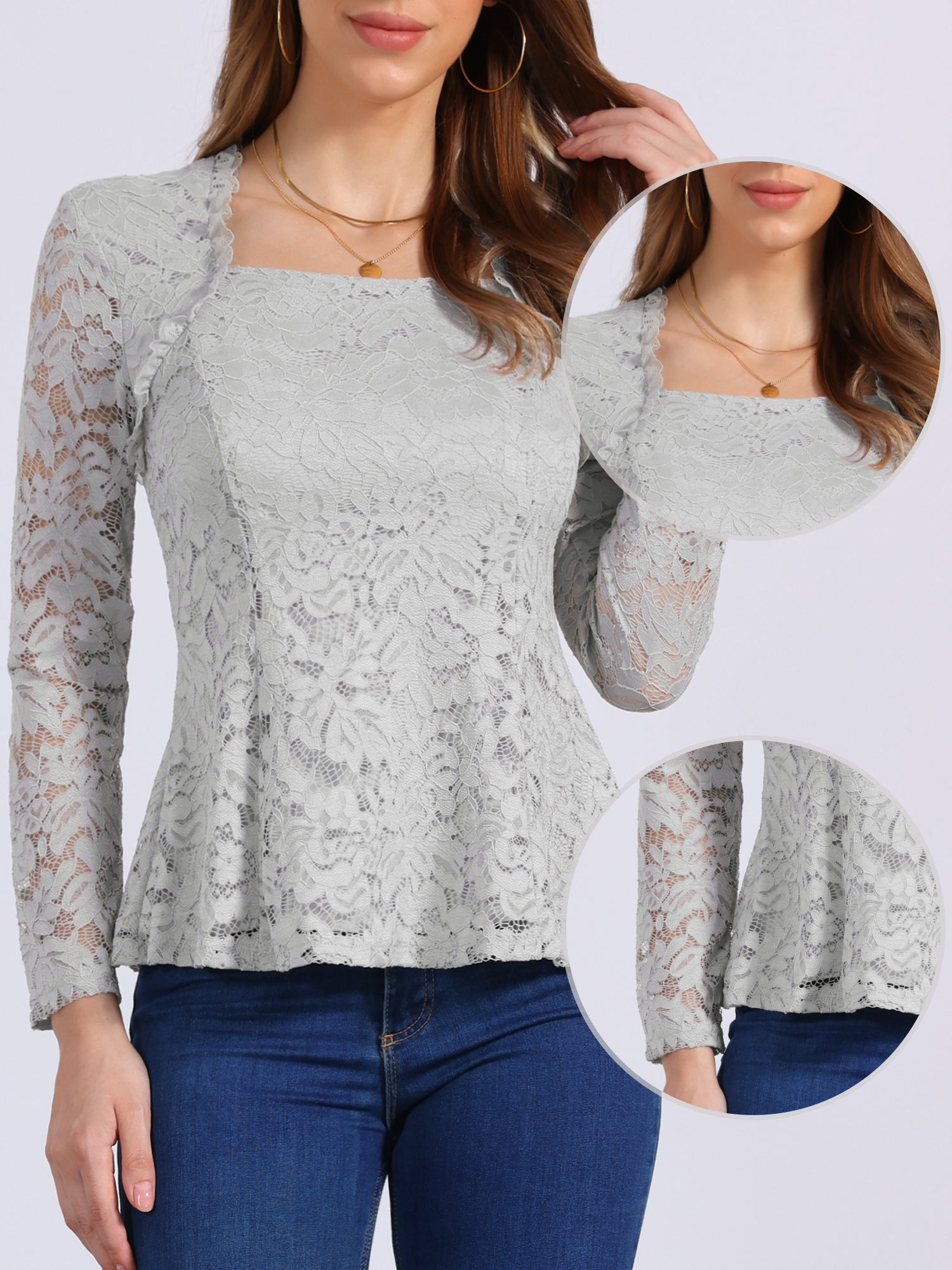 Lace Square Neck Long Sleeve Stertch Peplum Blouse