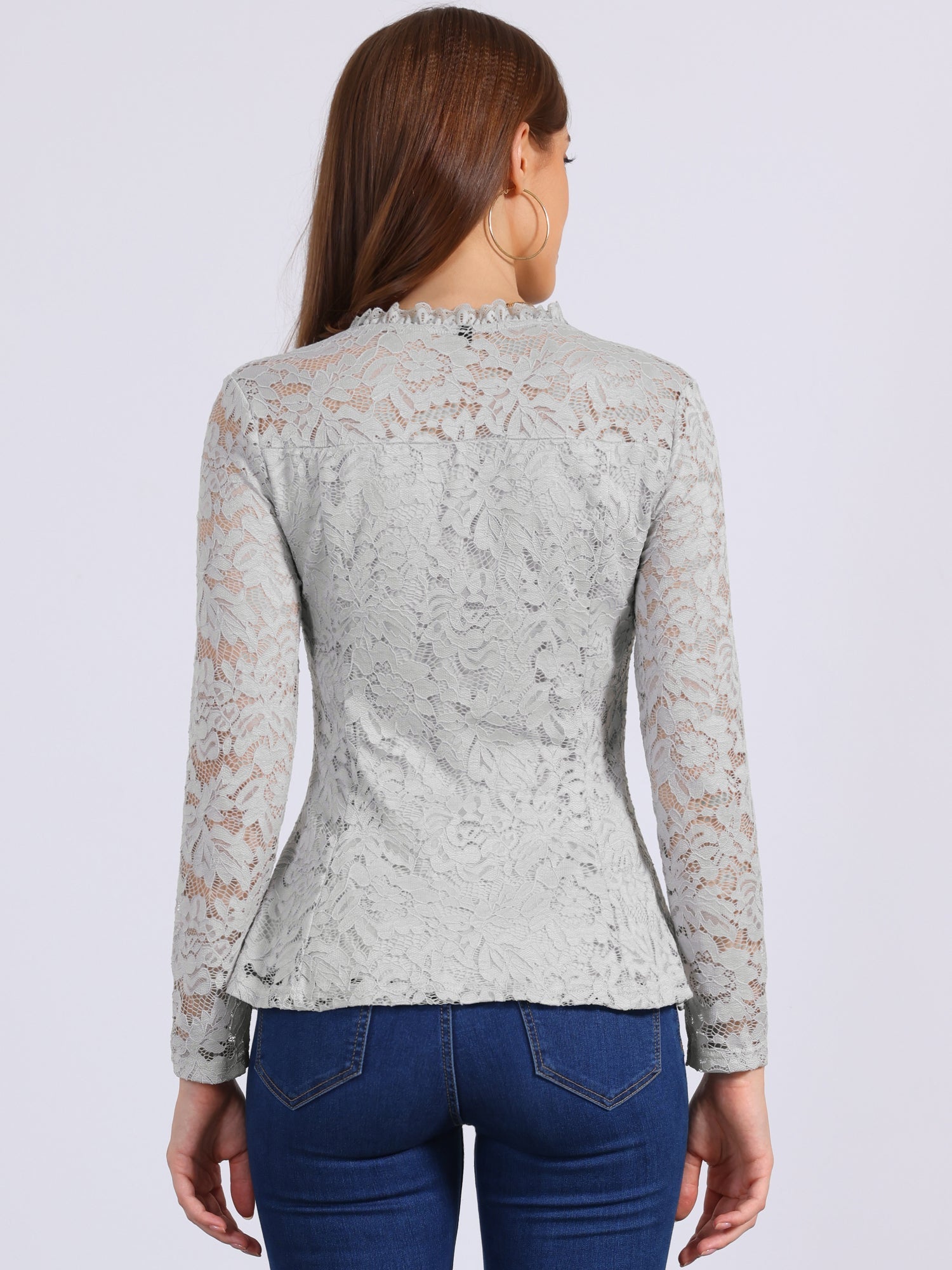 Lace Square Neck Long Sleeve Stertch Peplum Blouse