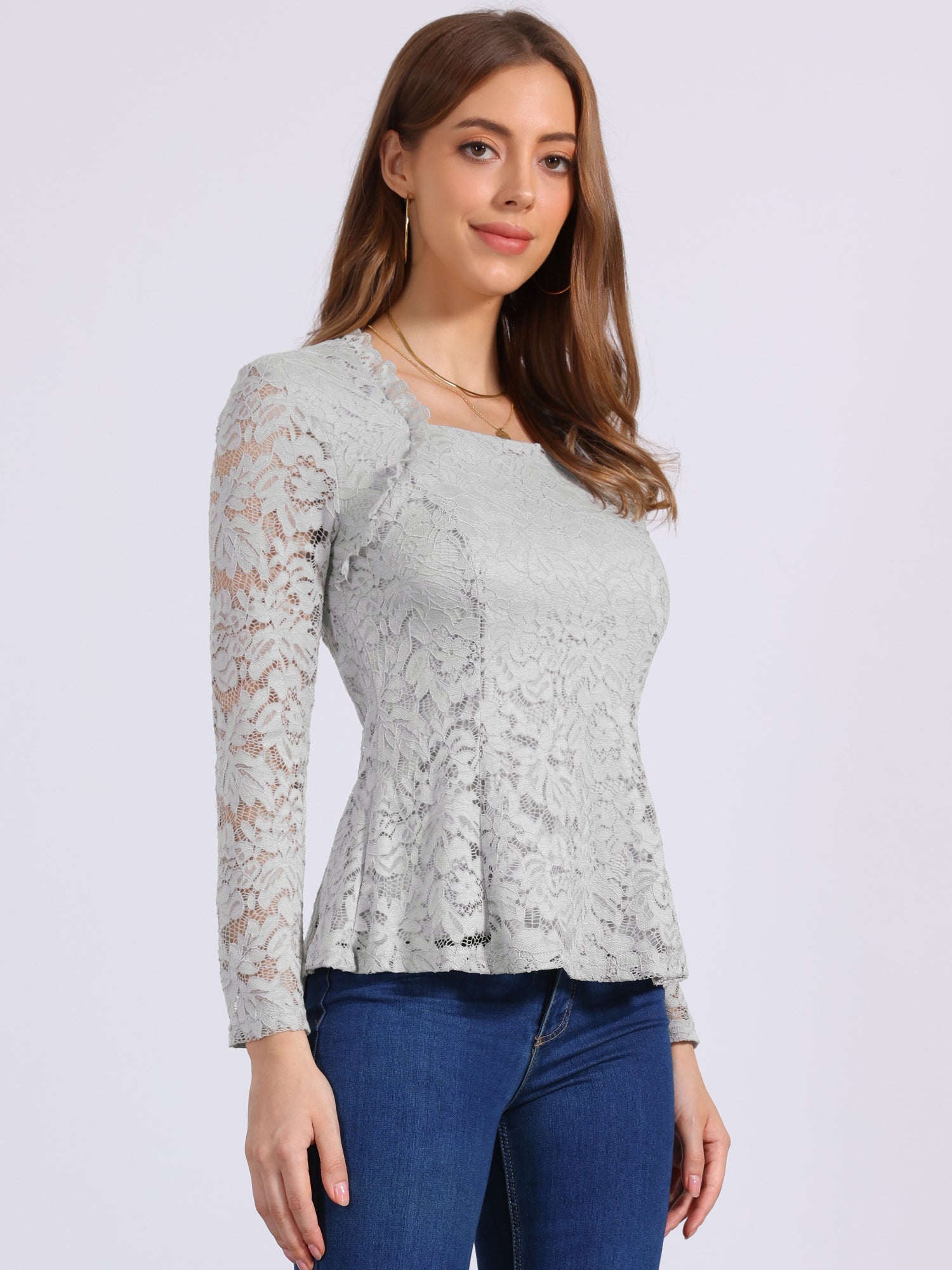 Lace Square Neck Long Sleeve Stertch Peplum Blouse