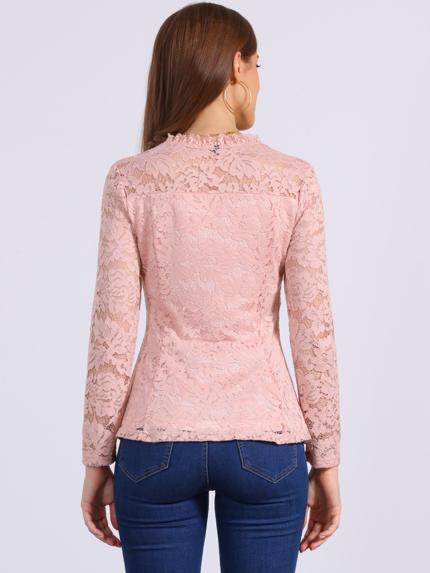 Lace Square Neck Long Sleeve Stertch Peplum Blouse