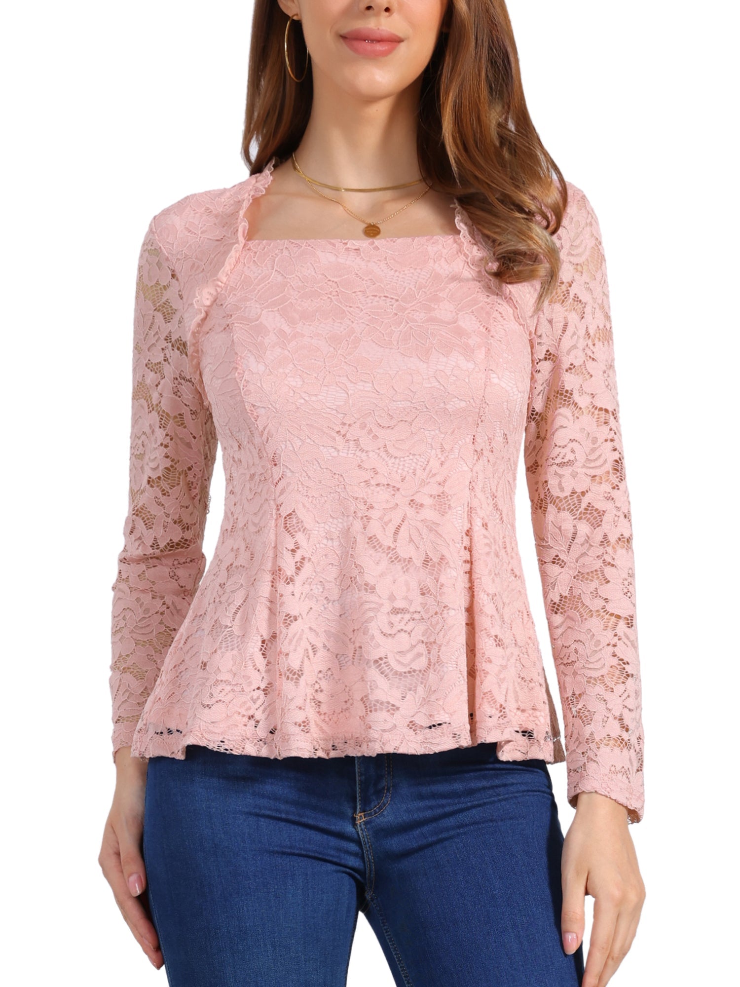 Lace Square Neck Long Sleeve Stertch Peplum Blouse