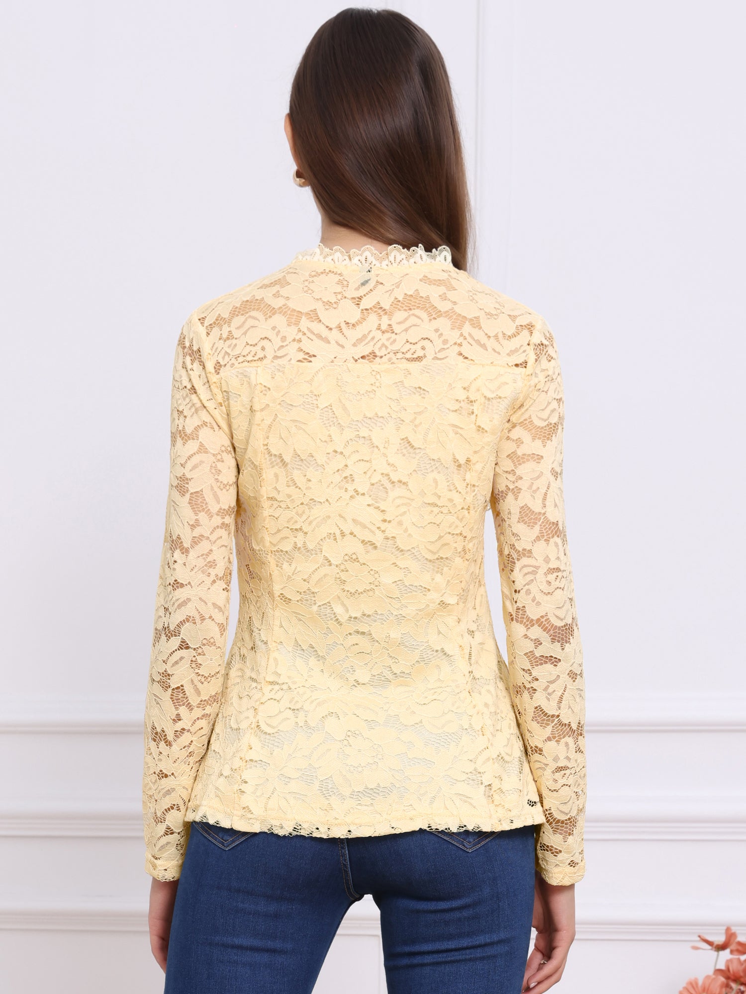Lace Square Neck Long Sleeve Stertch Peplum Blouse