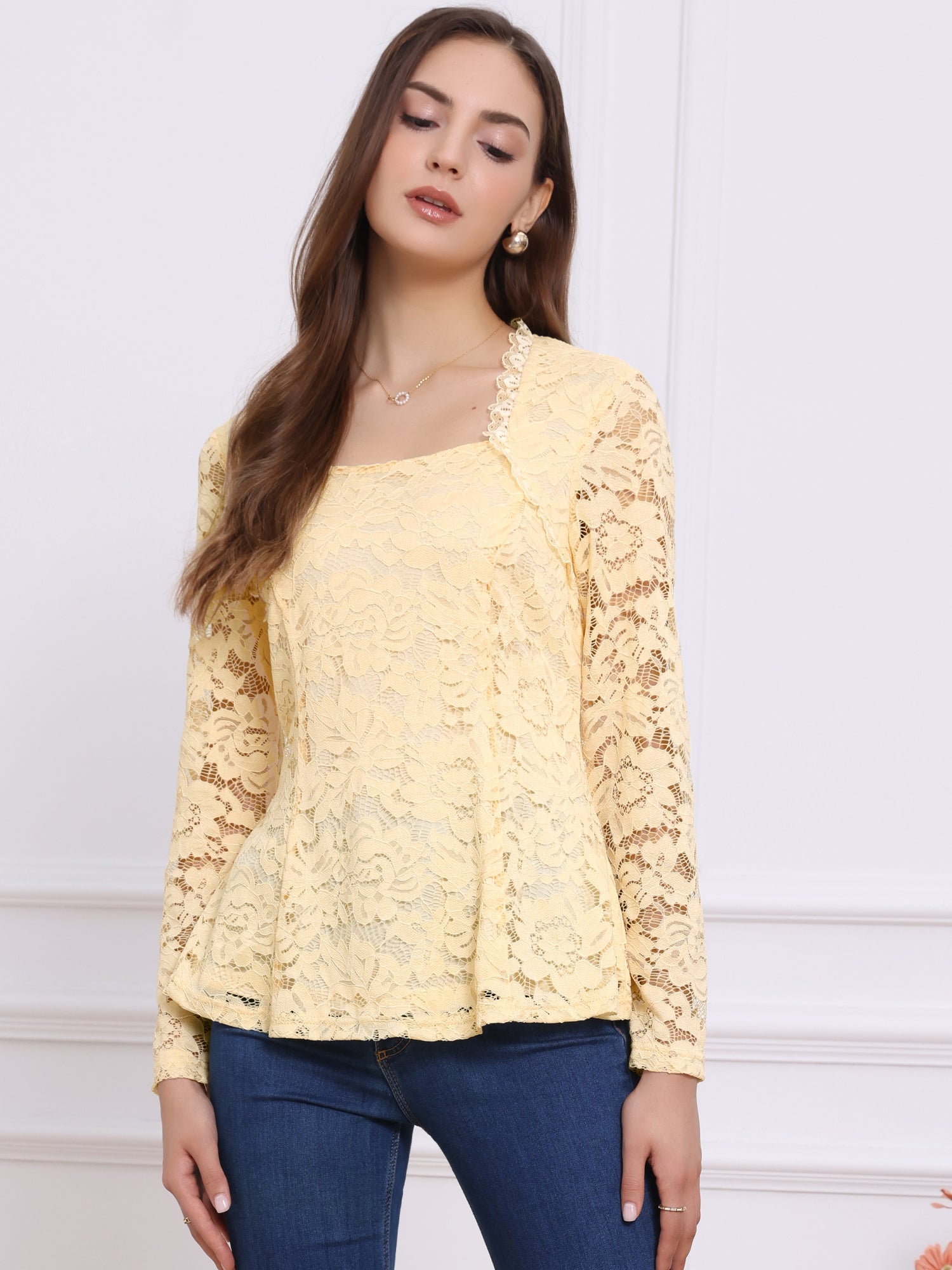 Lace Square Neck Long Sleeve Stertch Peplum Blouse