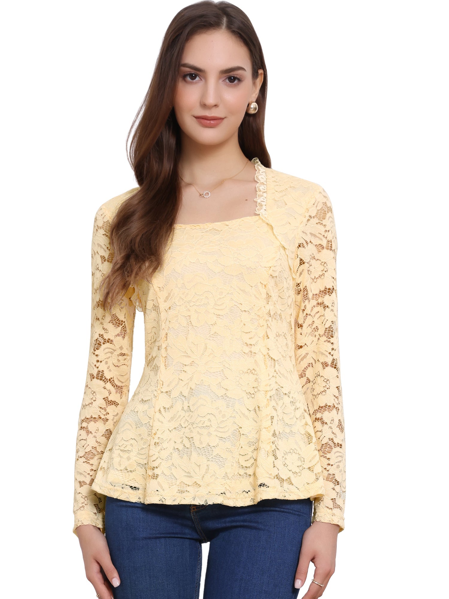 Lace Square Neck Long Sleeve Stertch Peplum Blouse